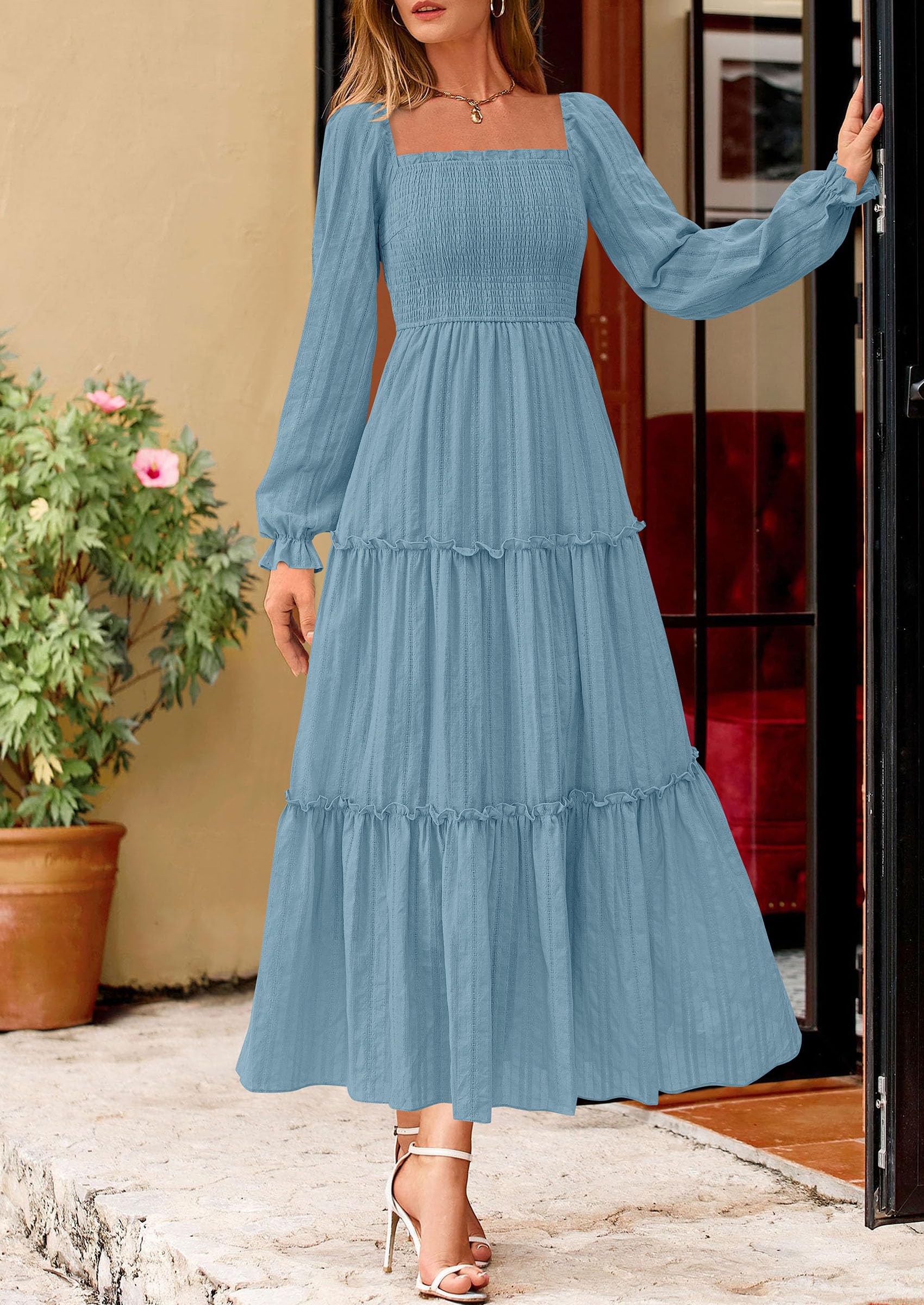 Women's Long Sleeve Ruffle Flowy Maxi Dress,Dusty Blue,S