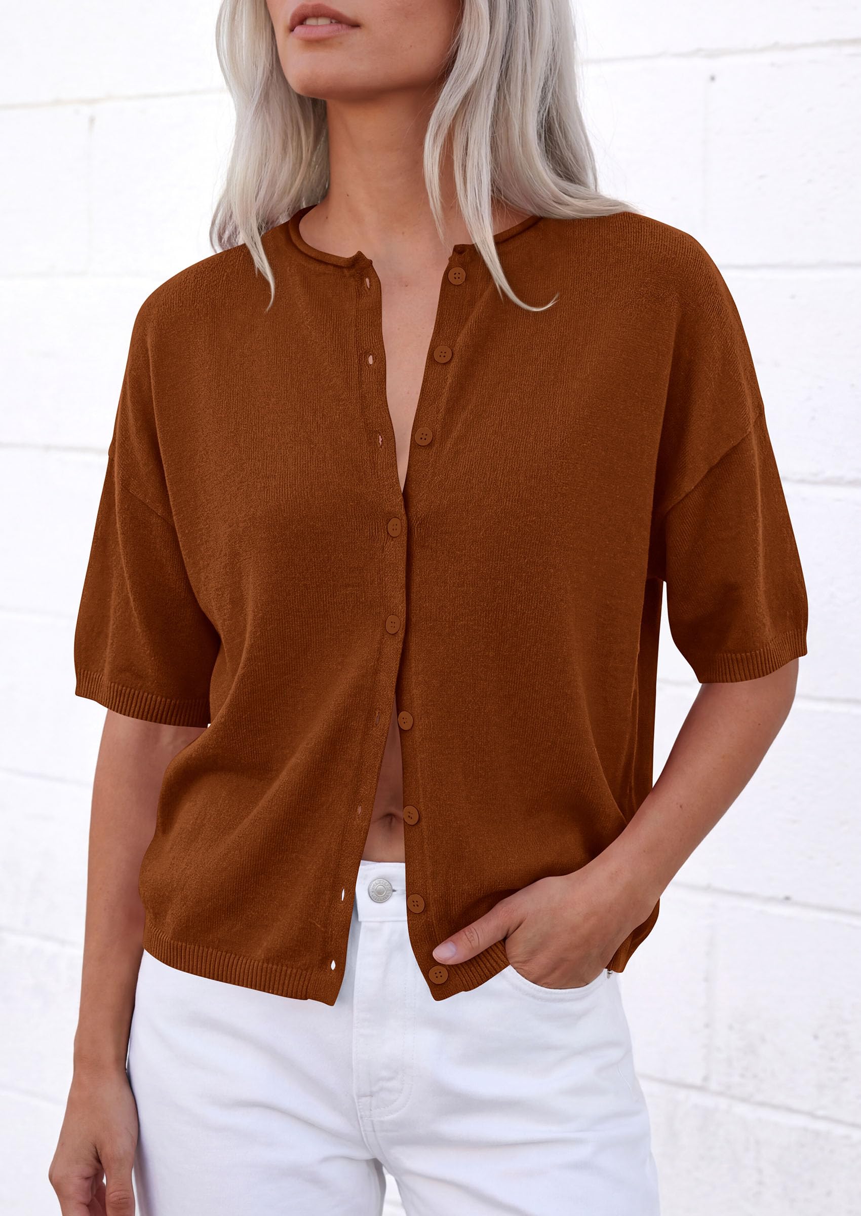 Women's Short Sleeve Cardigan Sweaters (Brown,Small)