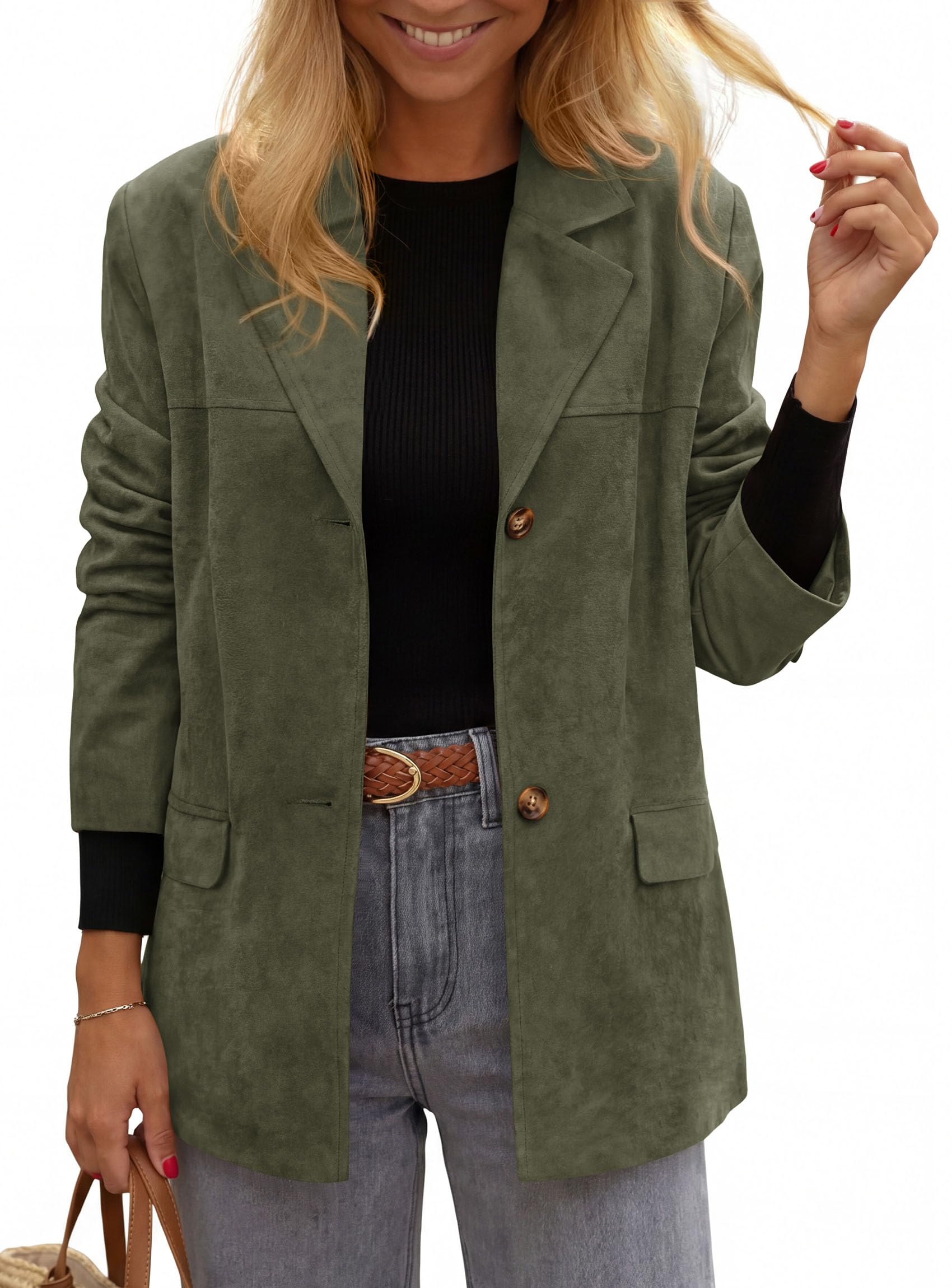 Blazers for Women Western Fall Faux Suede Jacket Army Green