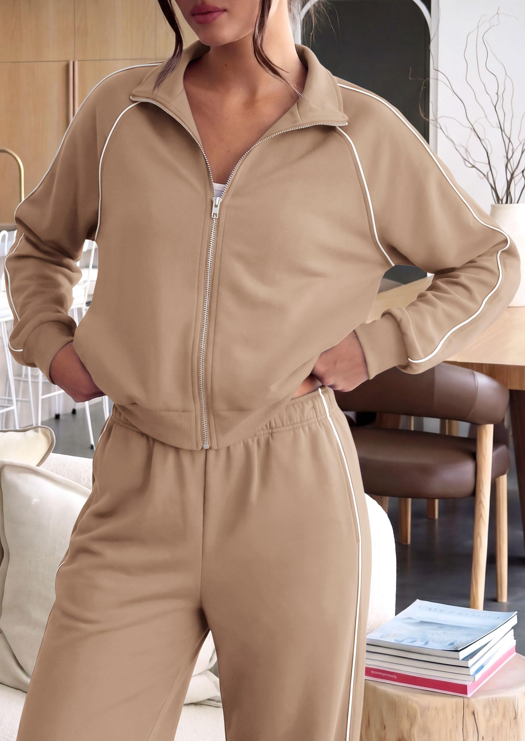 Women's 2 Piece Sweat Set Casual Fall Outfits,Khaki,S