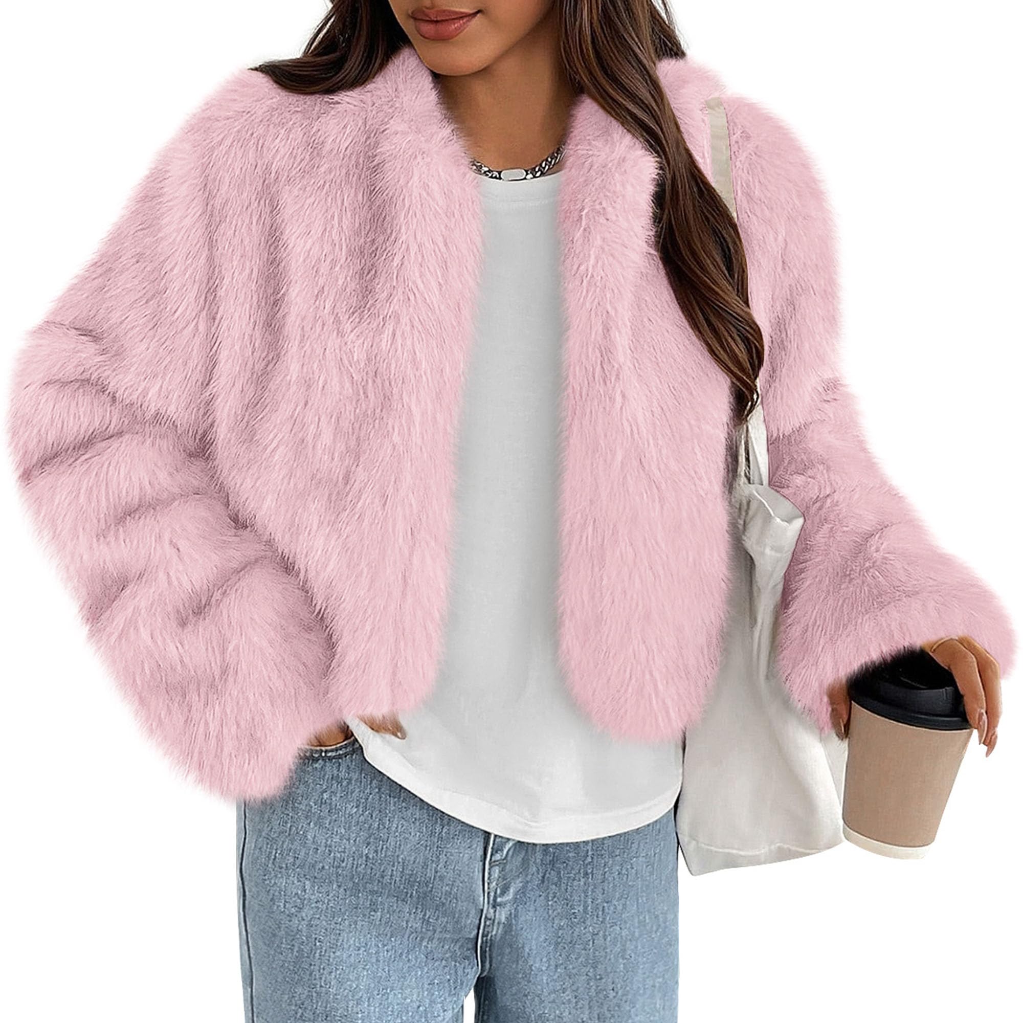 Womens Winter Coats Open Front Faux Fur Jacket,Pink,M