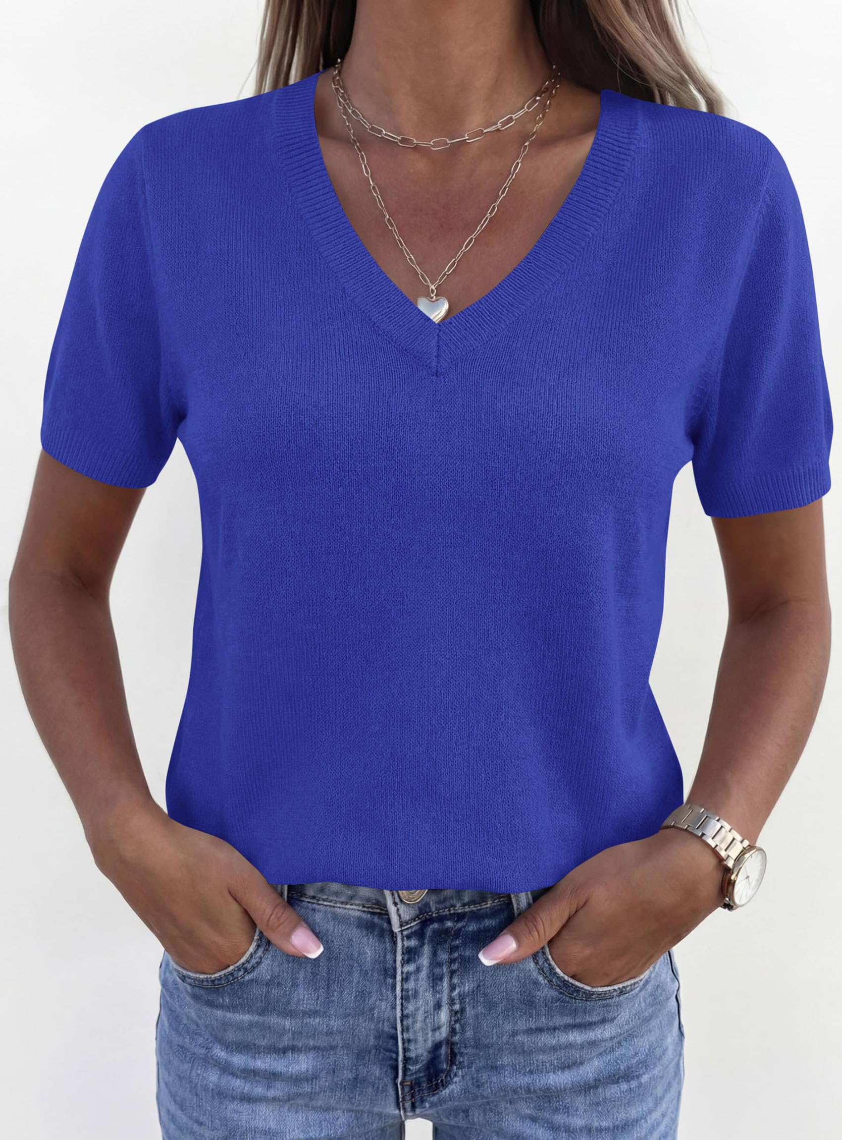 Womens Short Sleeve Sweater V Neck Tops,Royal Blue,S