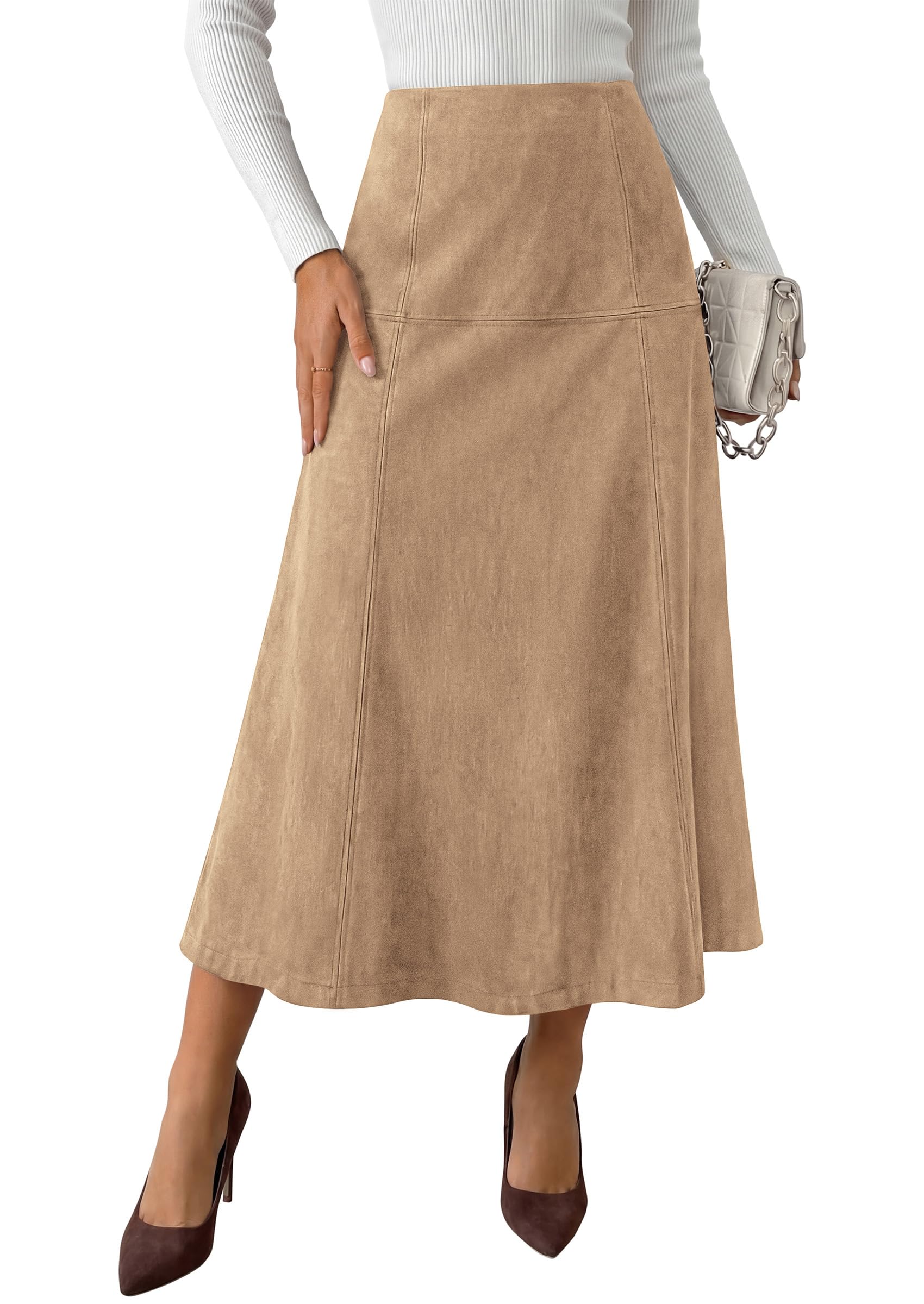 Womens High Waist Faux Suede A Line Midi Skirt,Apricot,S