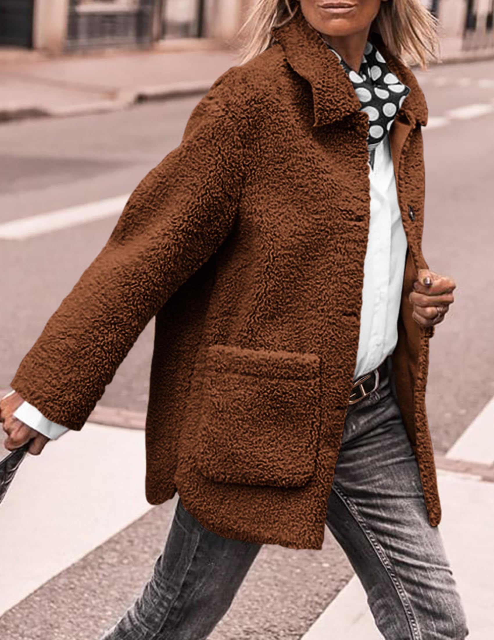 Women's Winter Faux Fur Coats Long Sleeve Lapel Button Down Pockets Fleece Sherpa Jacket Casual Trendy Outerwear (Brown,Small)