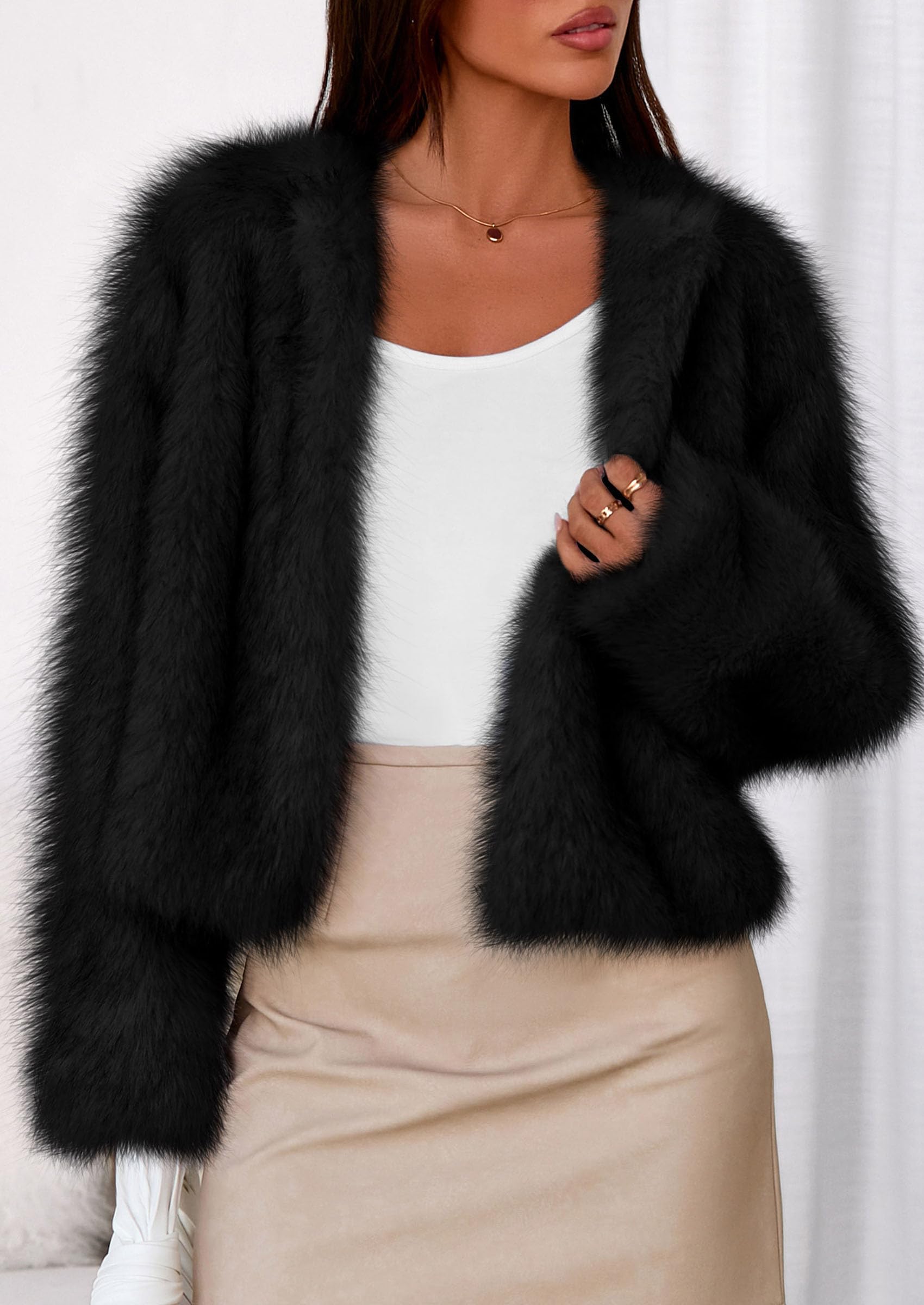 Womens Winter Coats Open Front Faux Fur Jacket,Black,XXL