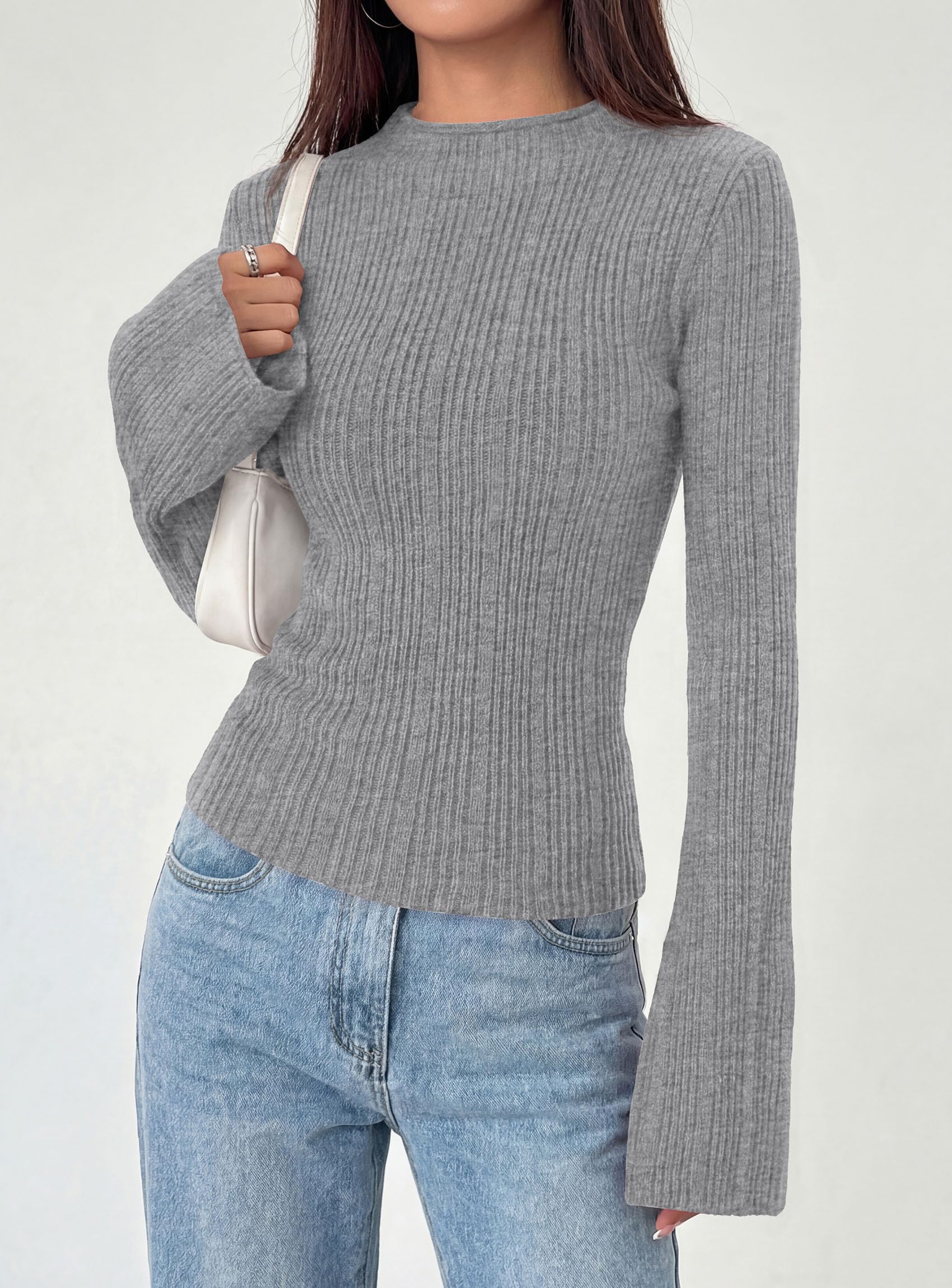 Womens Bell Long Sleeve Tops Mock Neck Sweaters,Grey,S