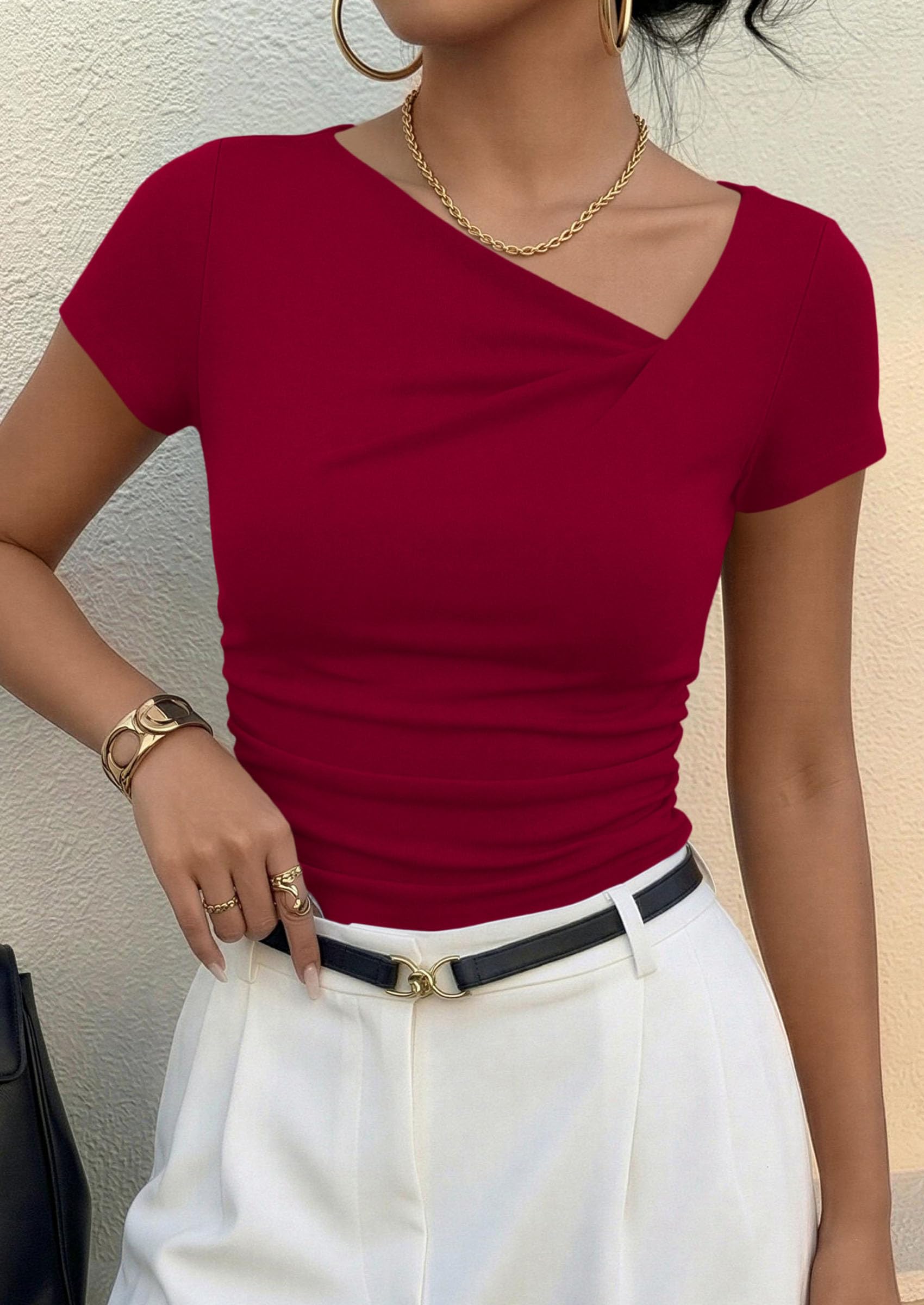 Women's Summer Trendy Asymmetrical Y2K Tops (Red,L)