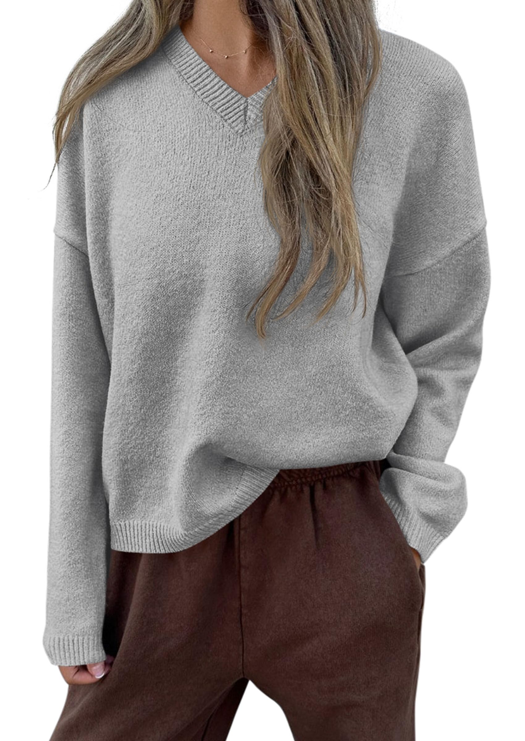 Women's Cozy Sweaters Fall Fashion V Neck Tops Light Grey,M