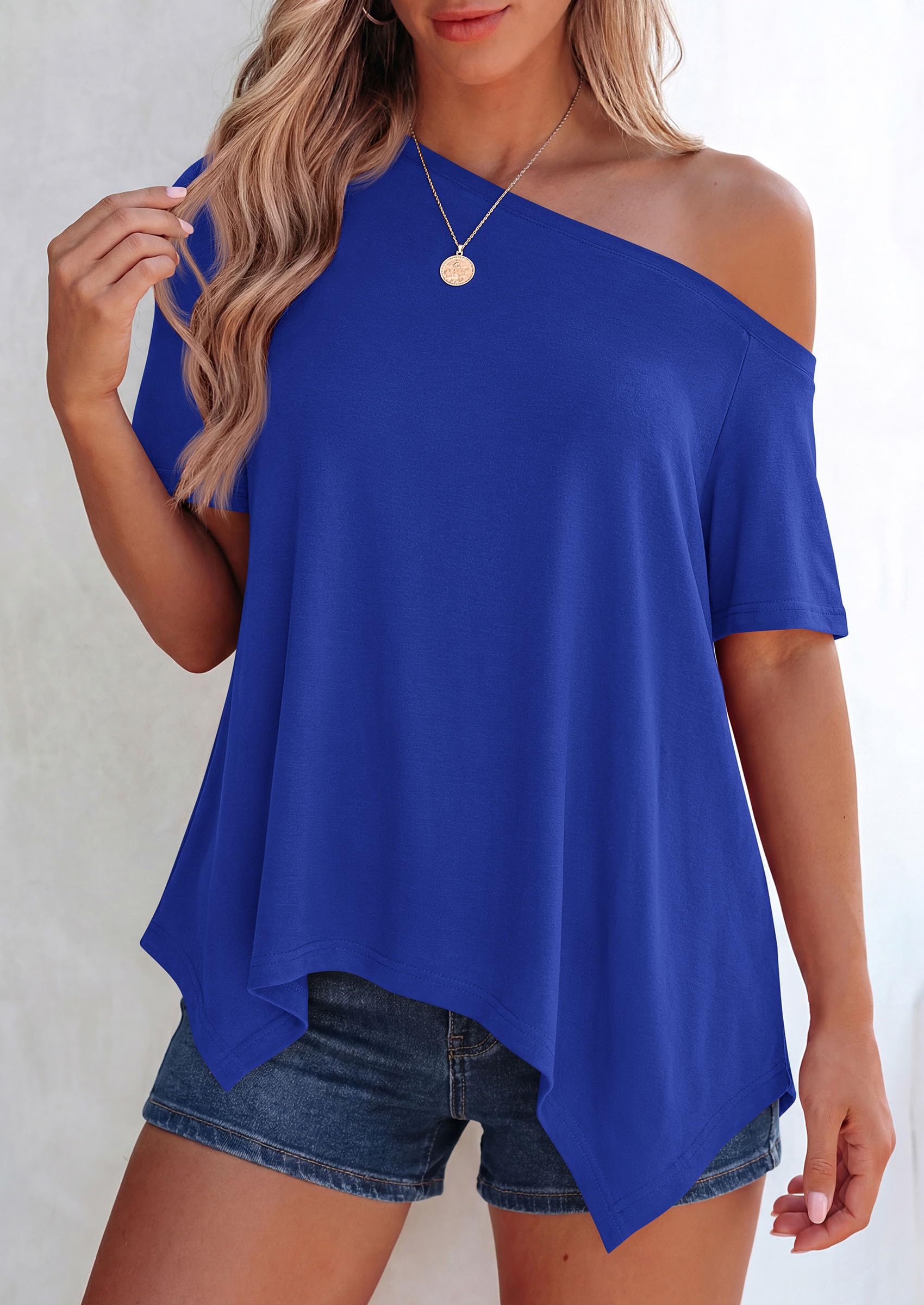 Off Shoulder Tops for Women Oversized Tshirts, Royal Blue,S
