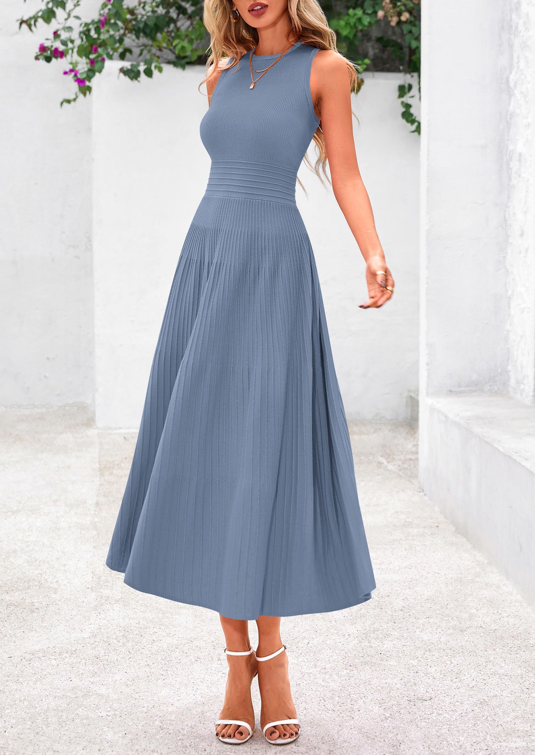 Women's Summer Pleated Midi Work Dress,Blue Grey,S