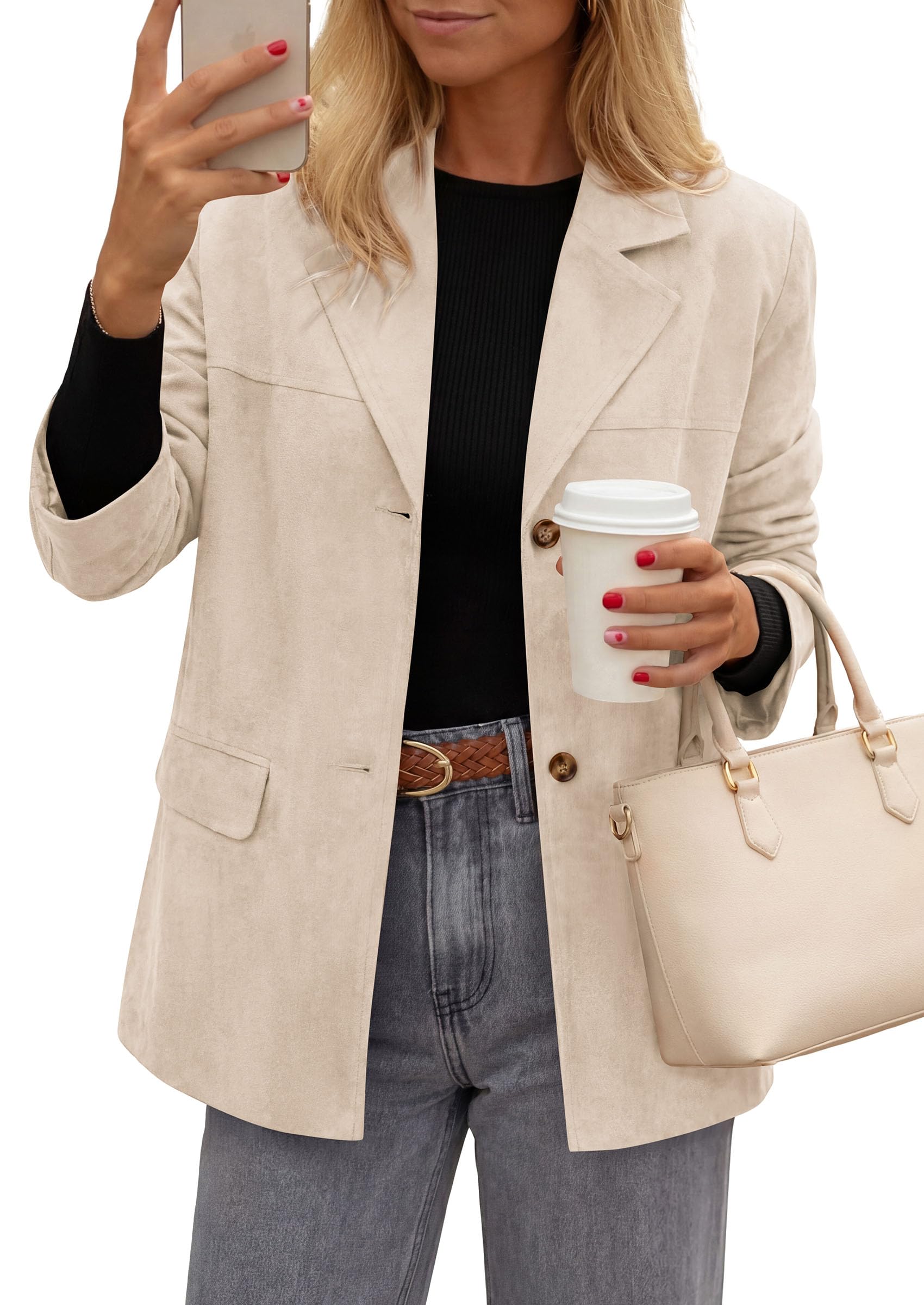 Blazers for Women Western Fall Faux Suede Jacket Beige