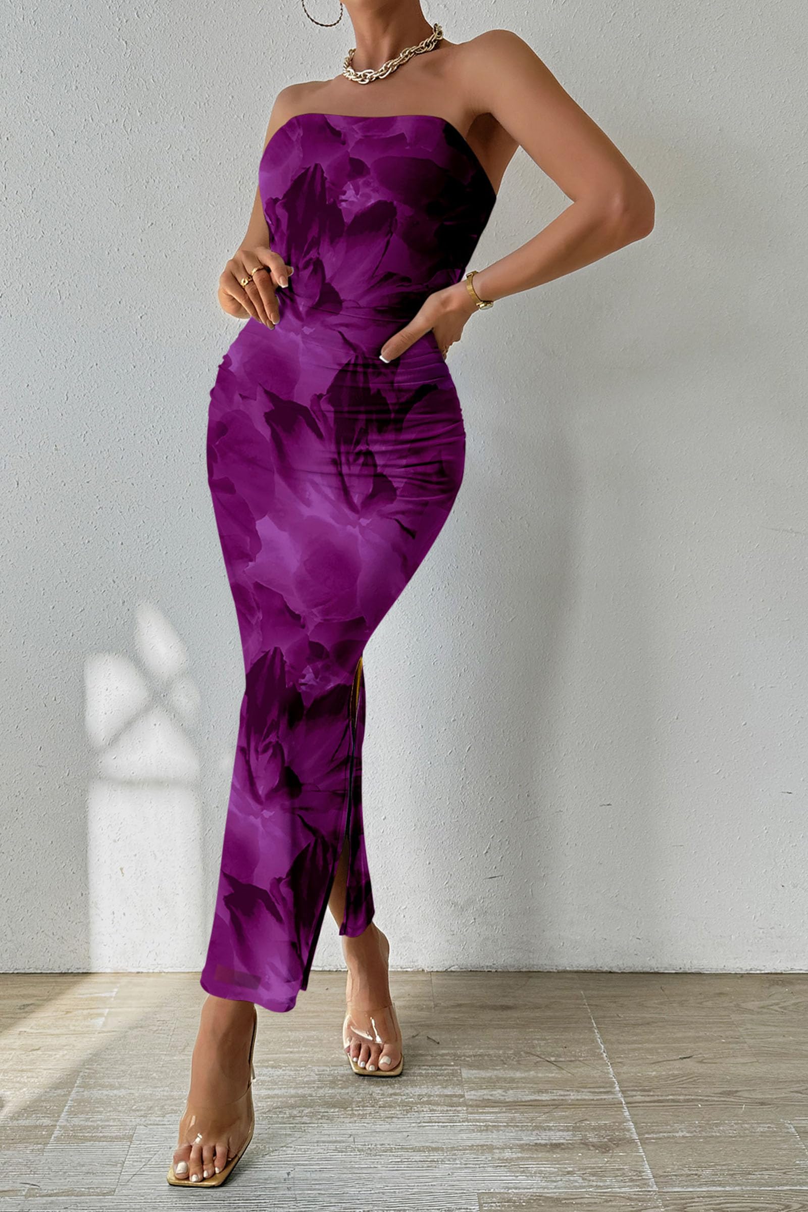 Women's Strapless Bodycon Floral Maxi Dress, Floral Purple,S