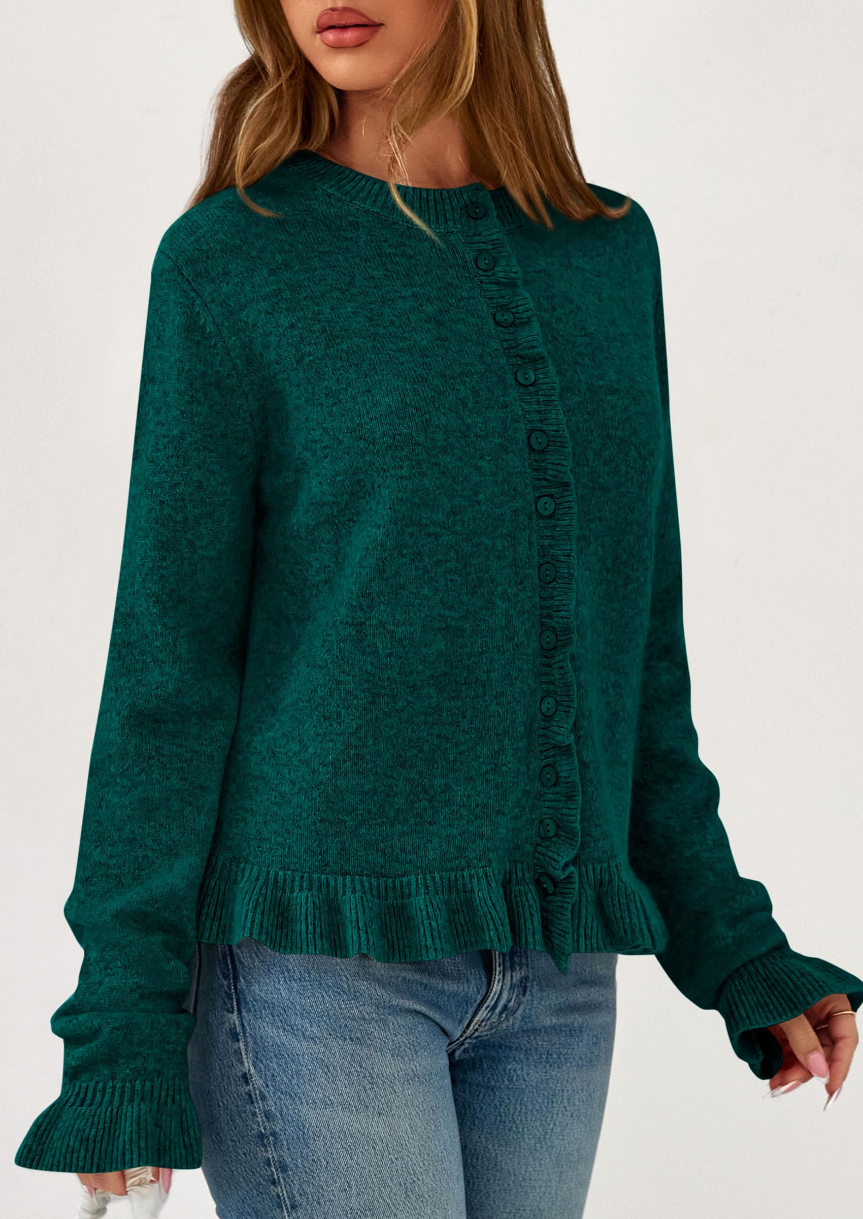 Womens Ruffle Button Down Cardigan Sweaters,Dark Green,S
