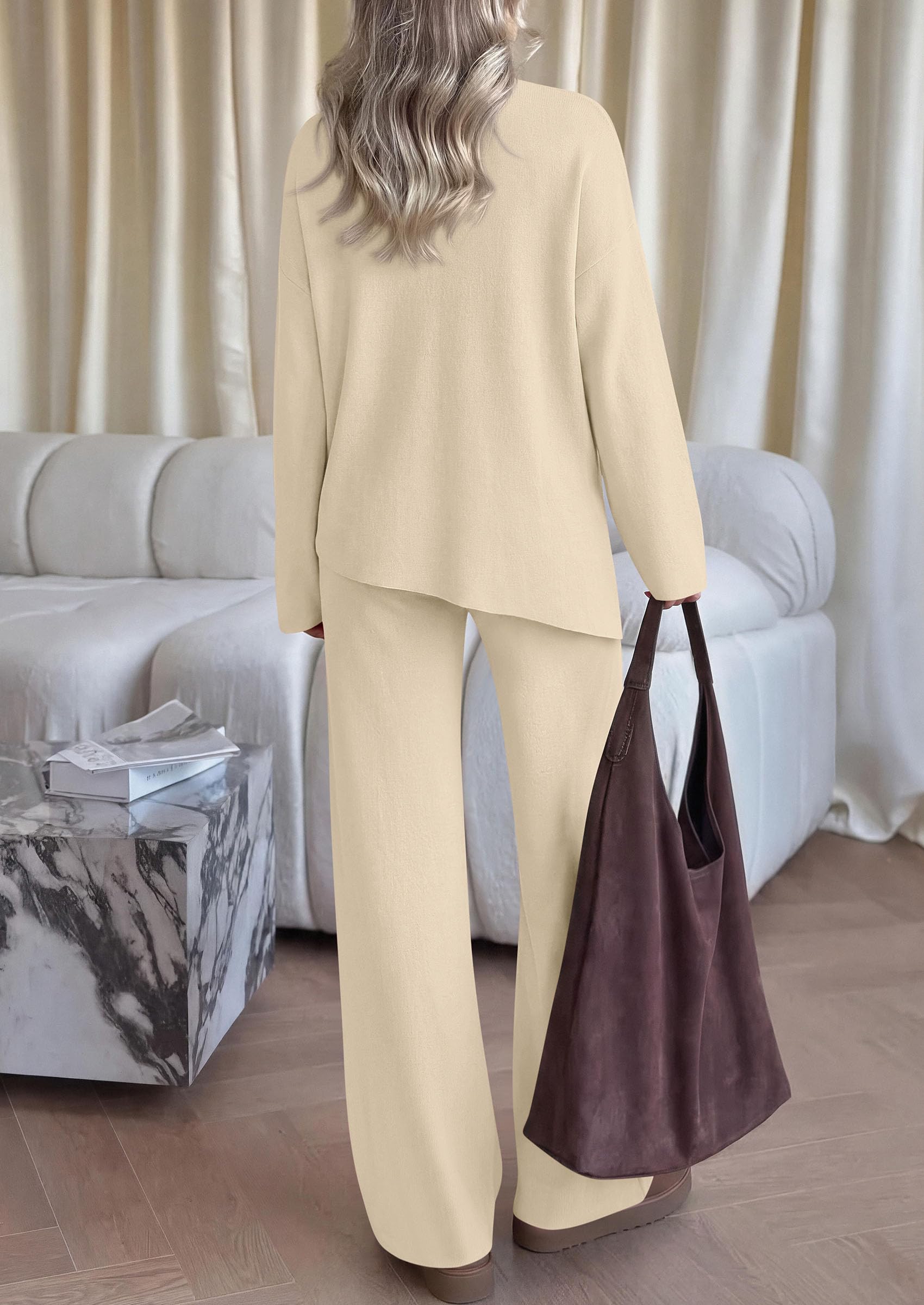 Womens Fall 2 Piece Asymmetric Cozy Sweater Travel Lounge Sets