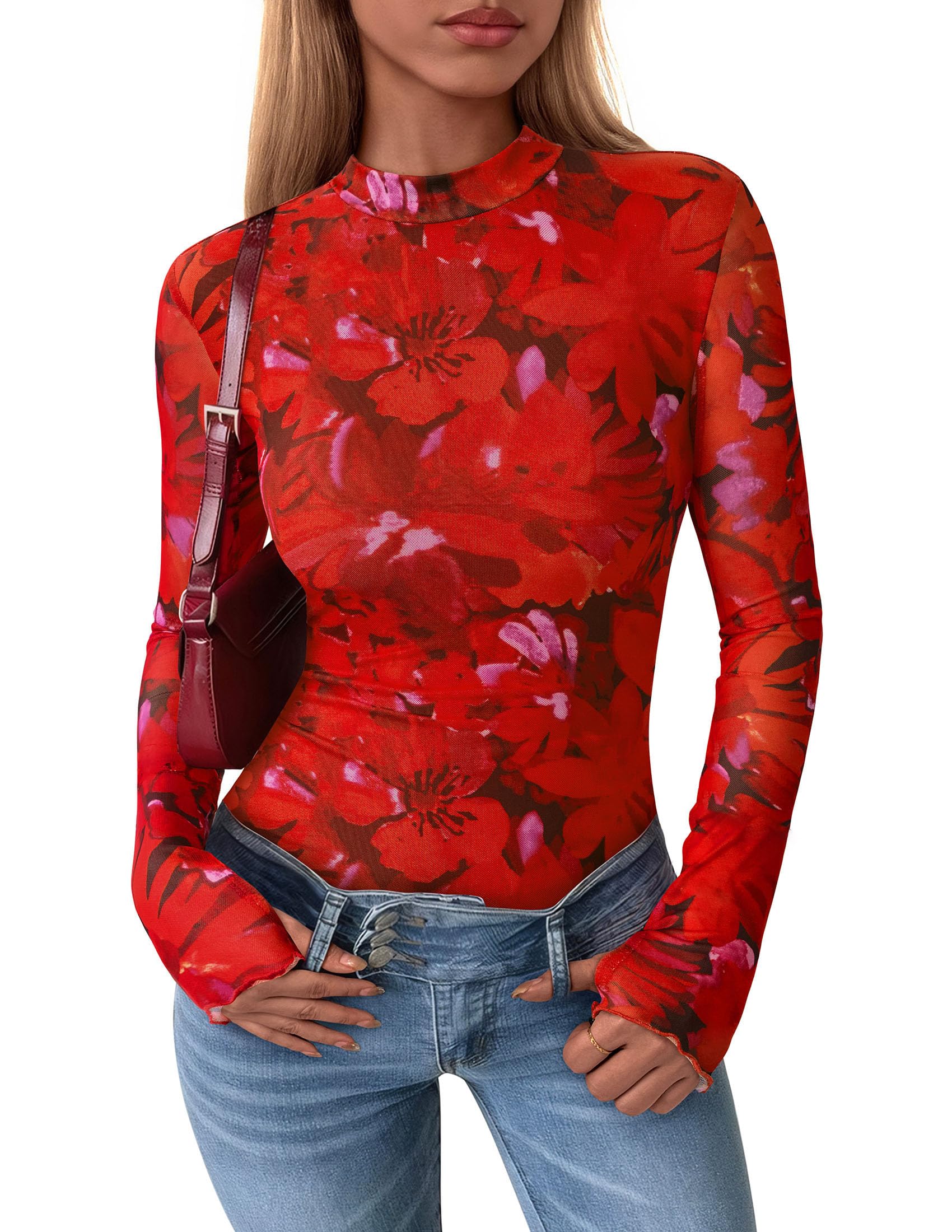 Womens Floral Mesh Long Sleeve Tops Fall Slim Fitted Shirts
