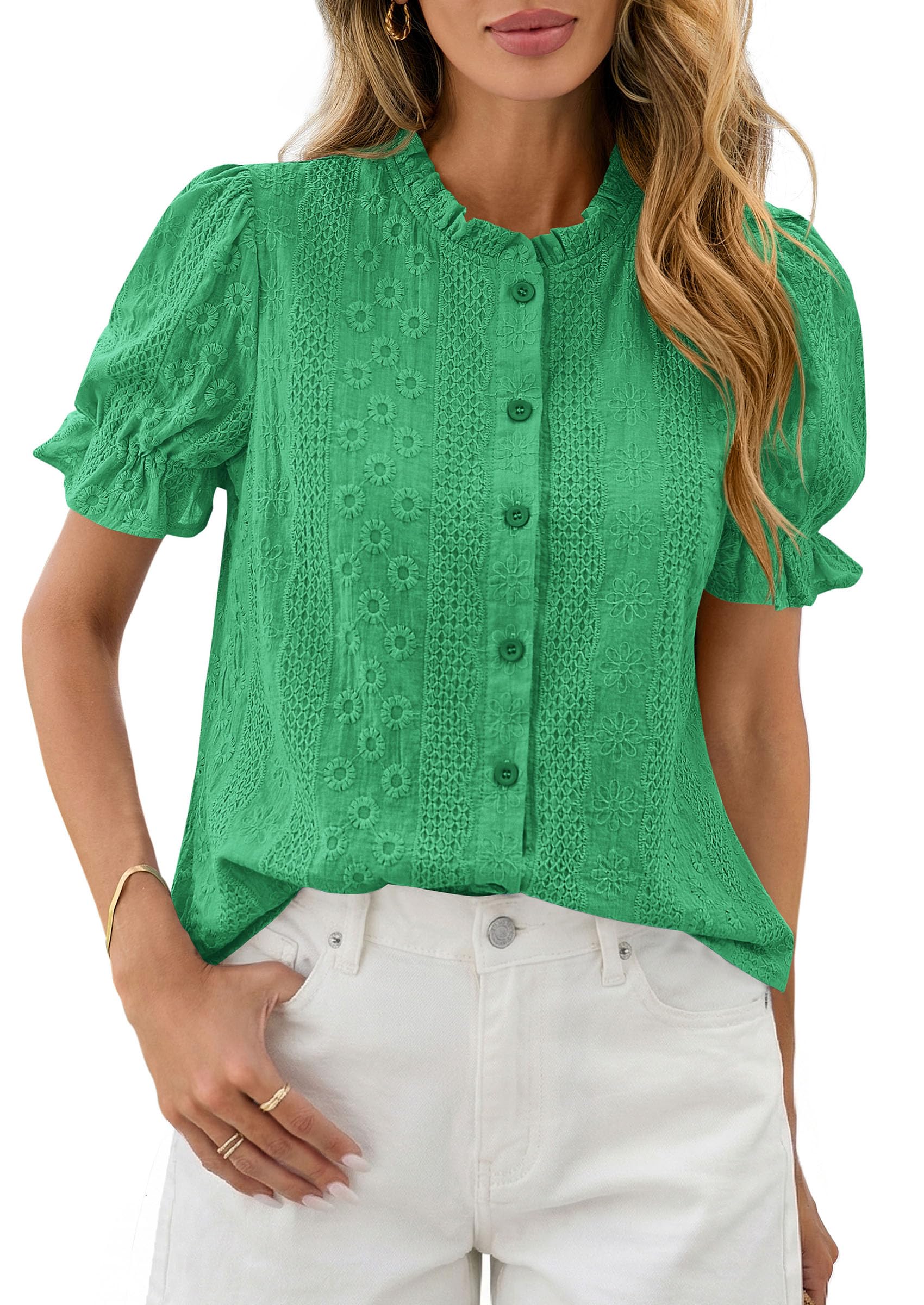 Womens Embroidered Puff Short Sleeve Tops,Green,S