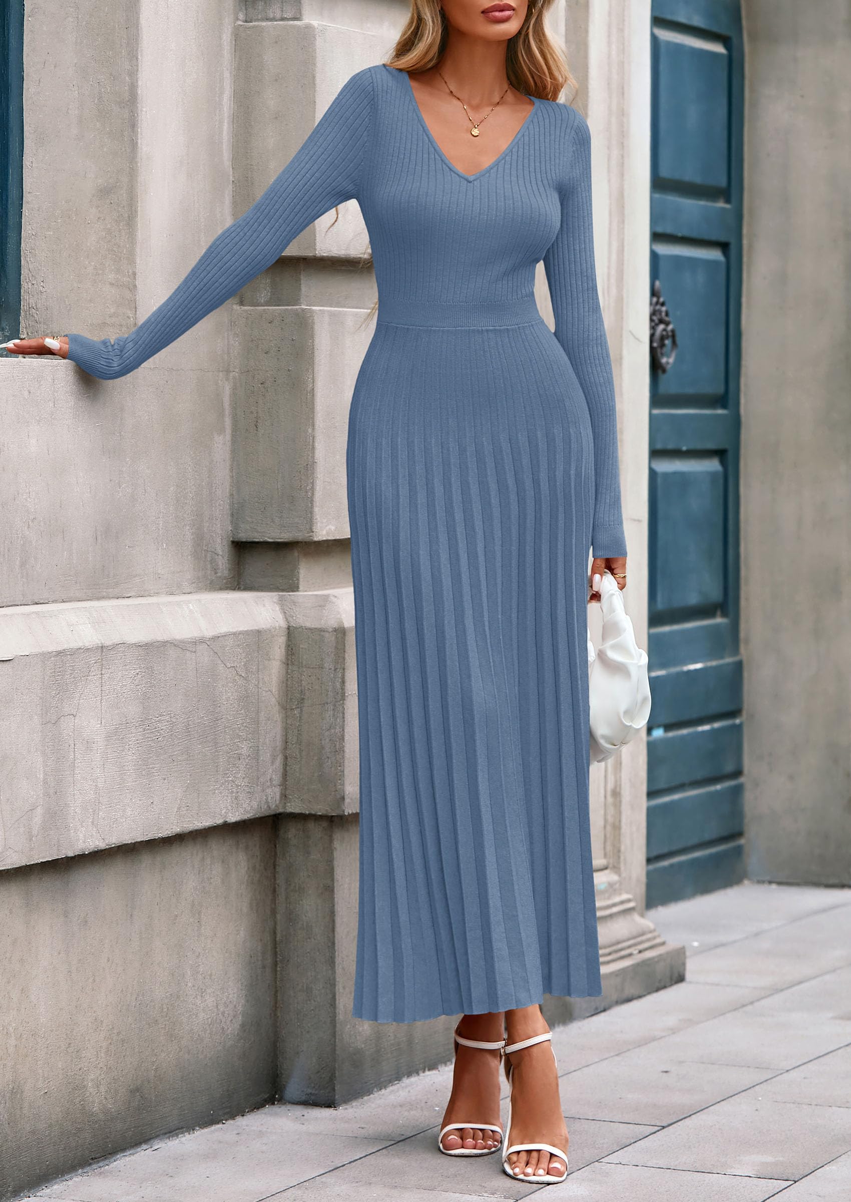 Sweater Dress Women Long Sleeve Maxi Flowy Pleated Dresses