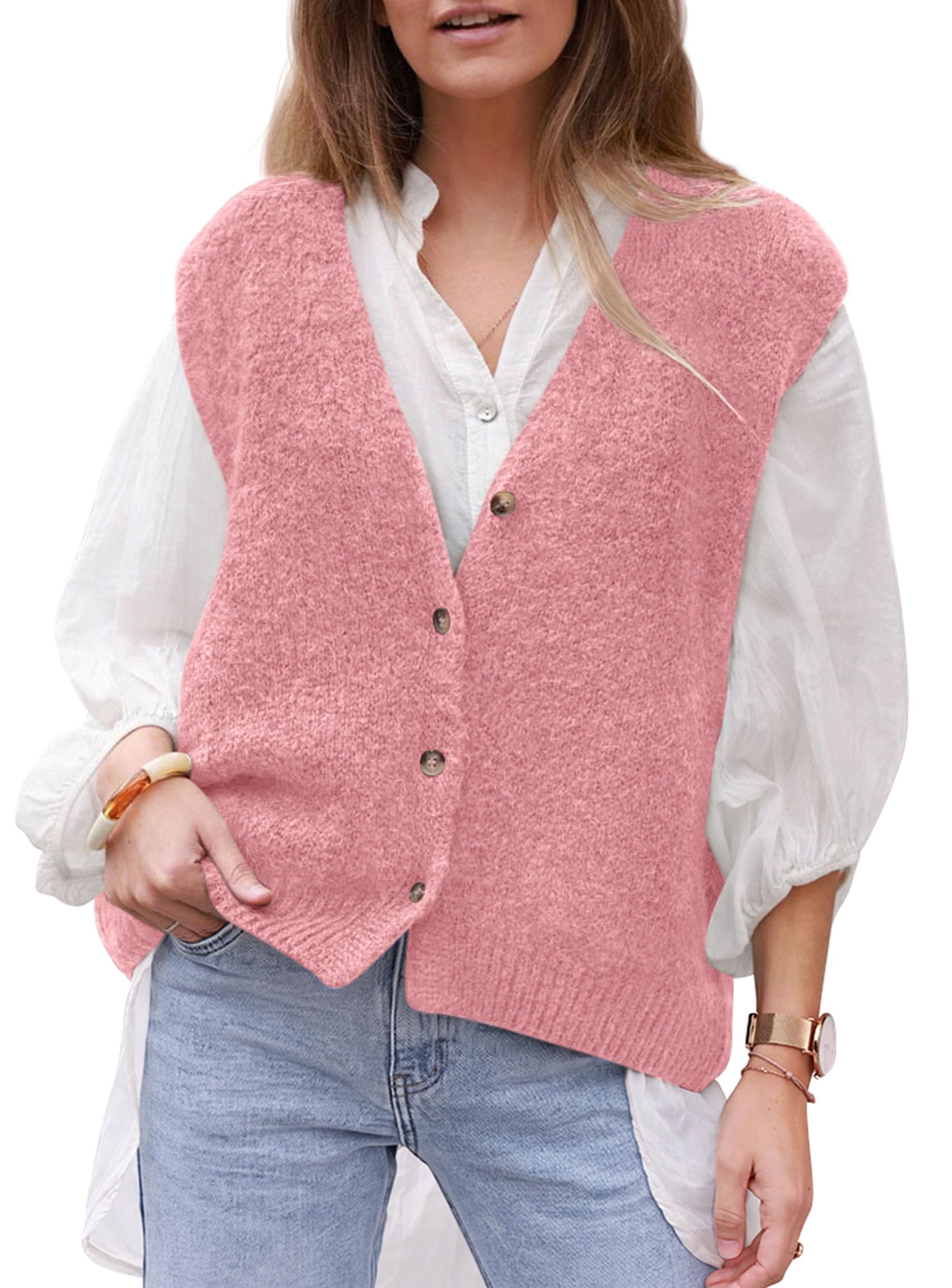 Womens Fall Sleeveless Button Down Sweater Vest,Pink,S