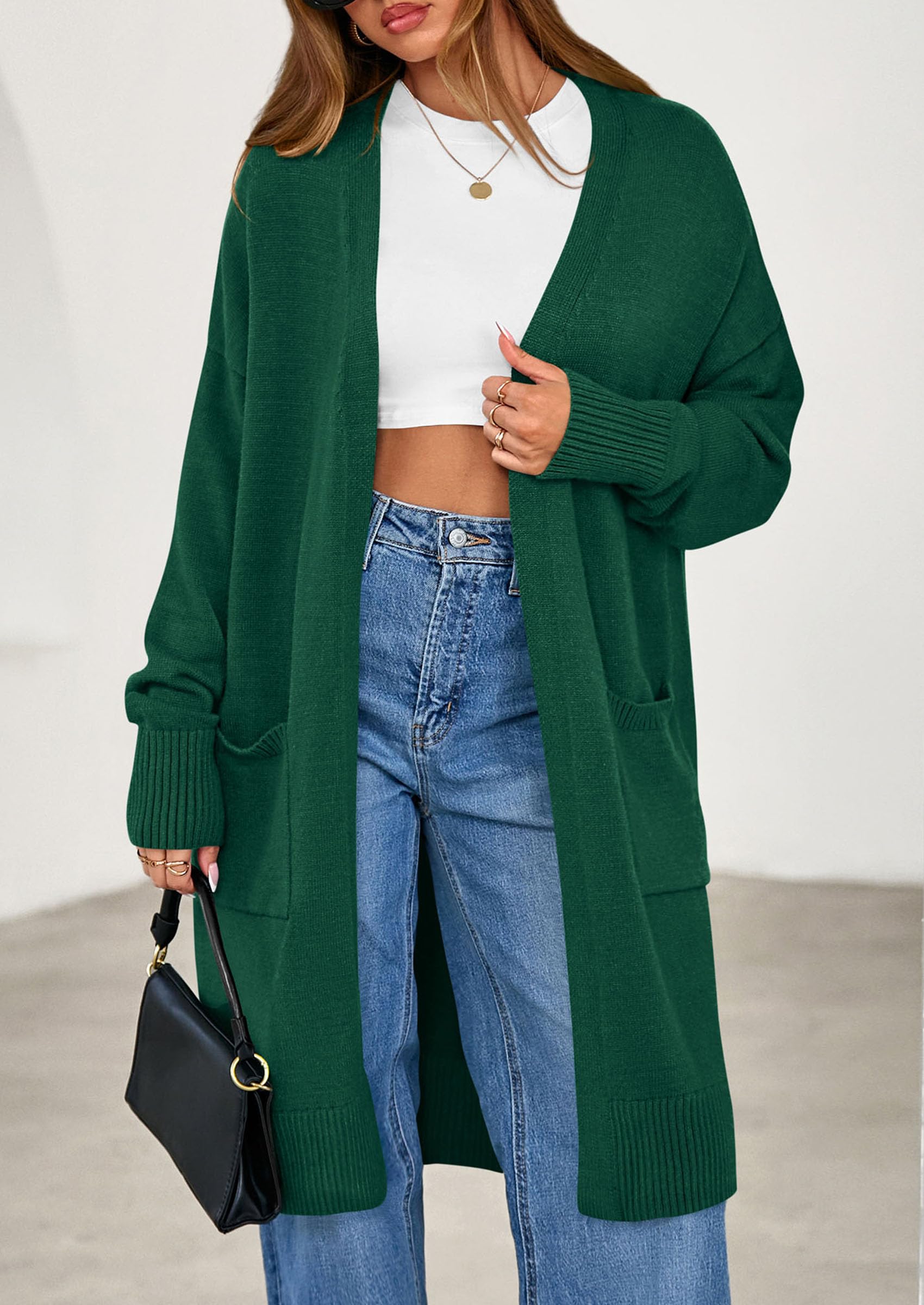 Women's Oversized Open Front Long Knit Cardigan,Green,S