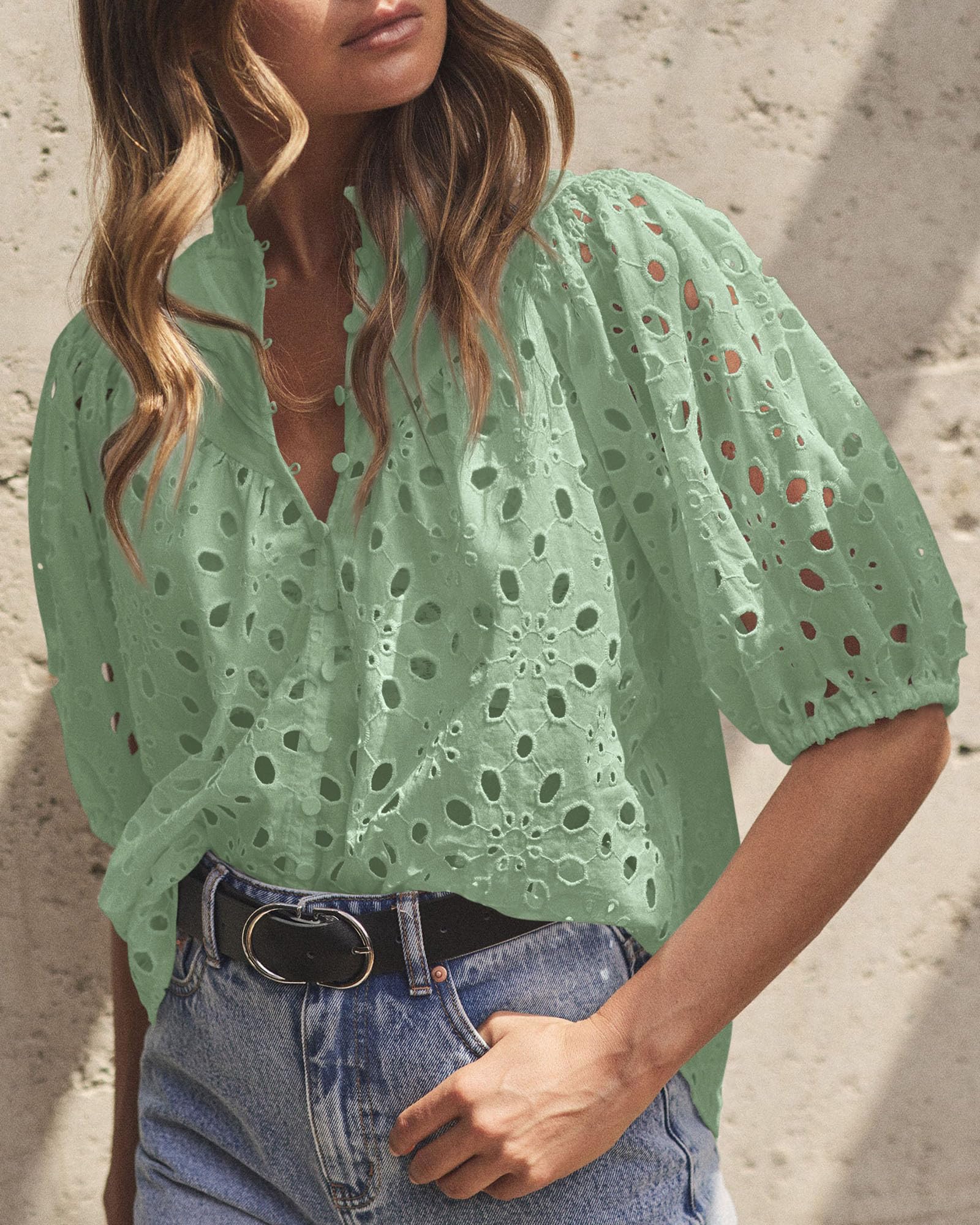 Womens Tops Boho Eyelet Puff Sleeve Blouse, Sage Green,S