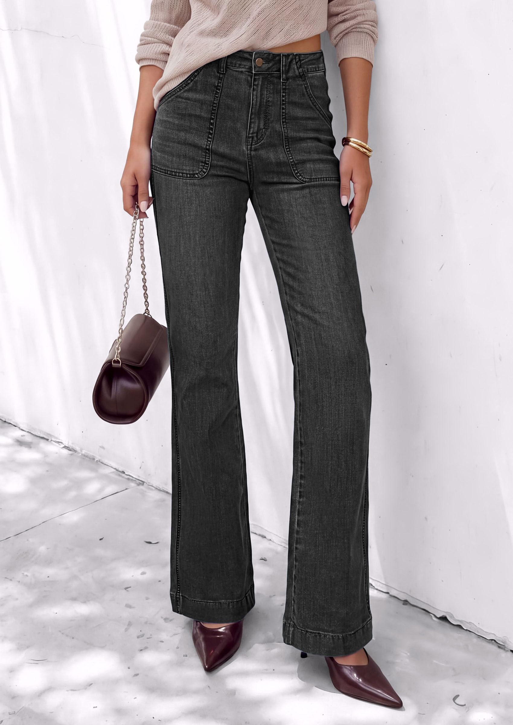 Womens High Waisted Wide Leg Jeans Demin Pants Black