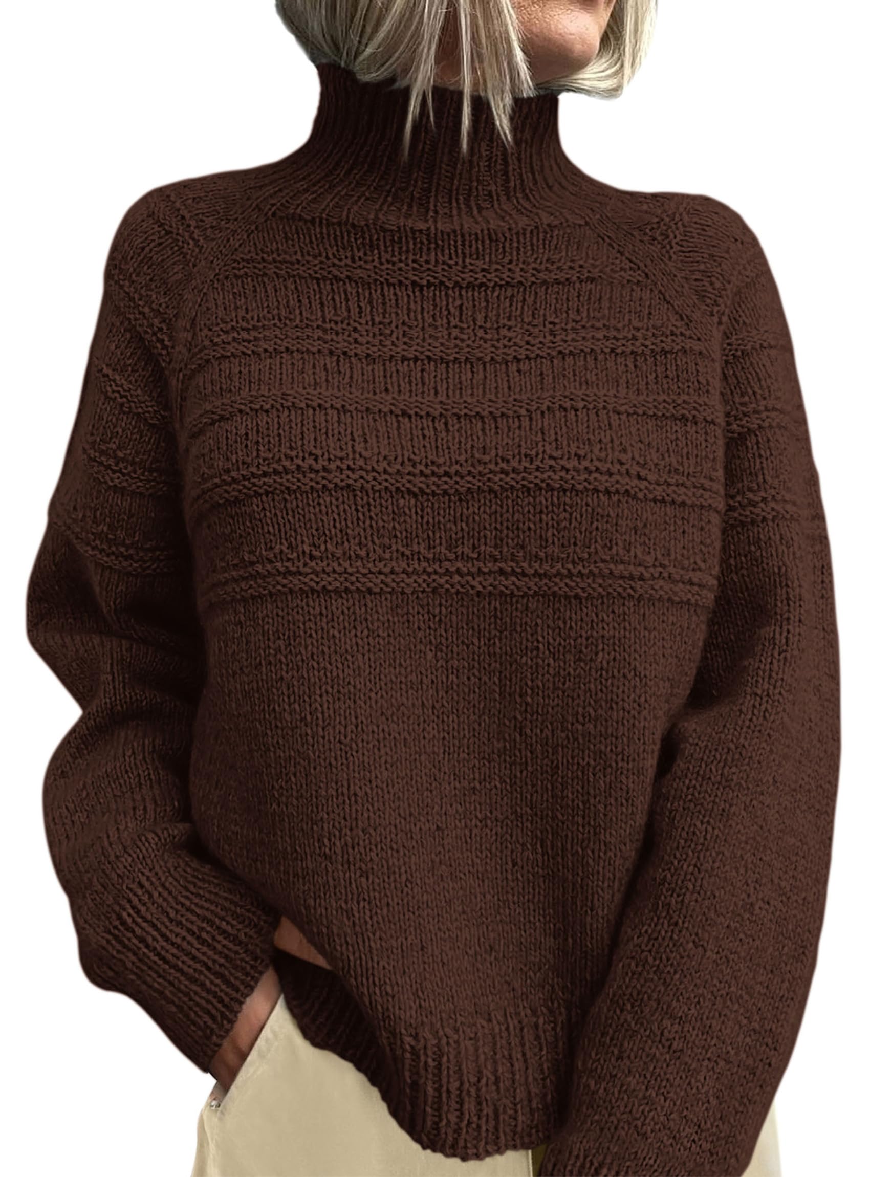 Women's Chunky Knit Mock Neck Pullover Sweaters,Brown,S