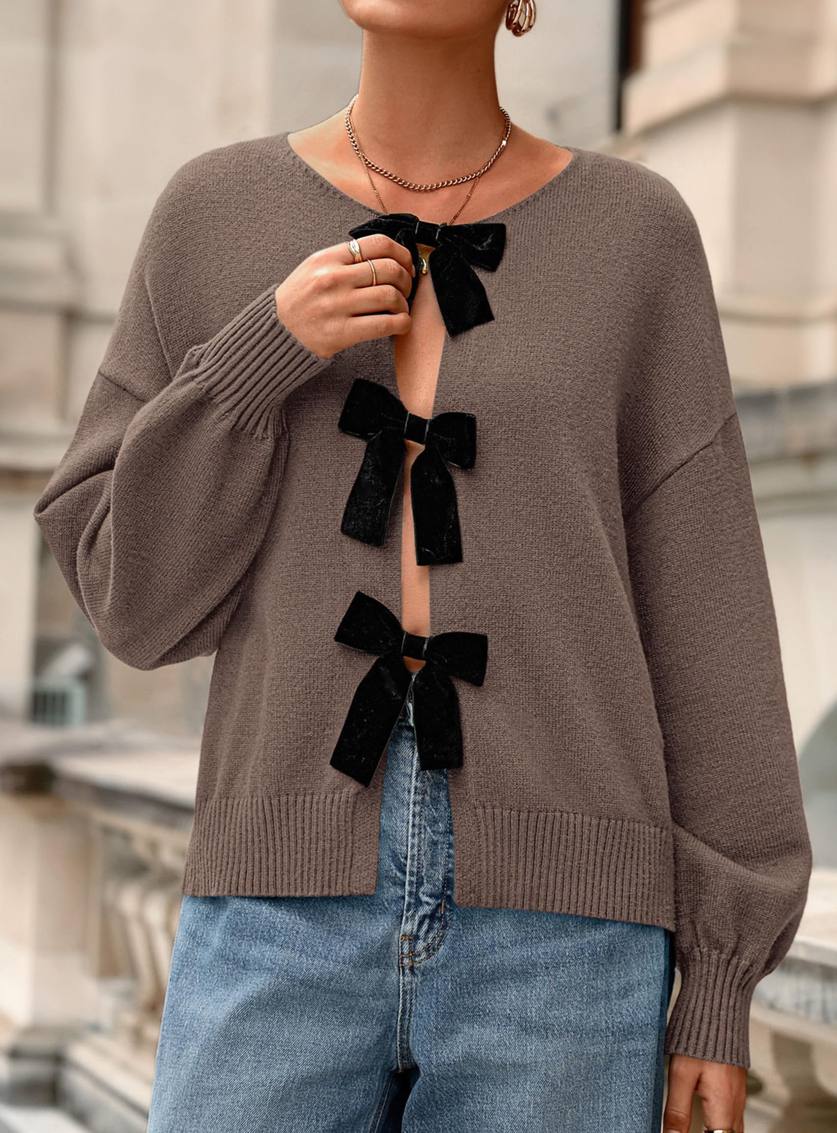 Women's Fall Bow Tie Front Cardigan Sweaters,Coffee,S