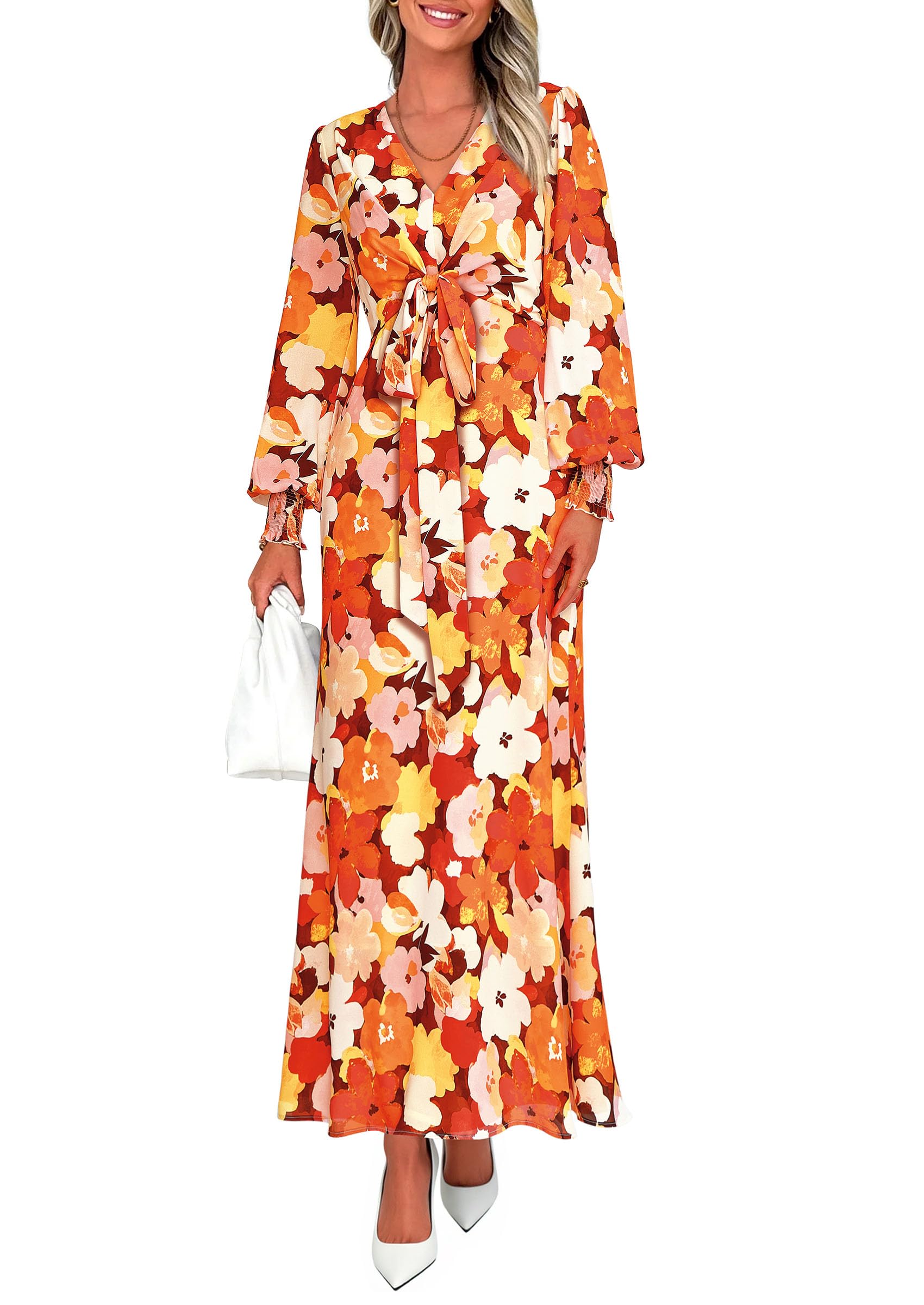Women's Tie Waist Floral Maxi Dress,Floral Orange,S