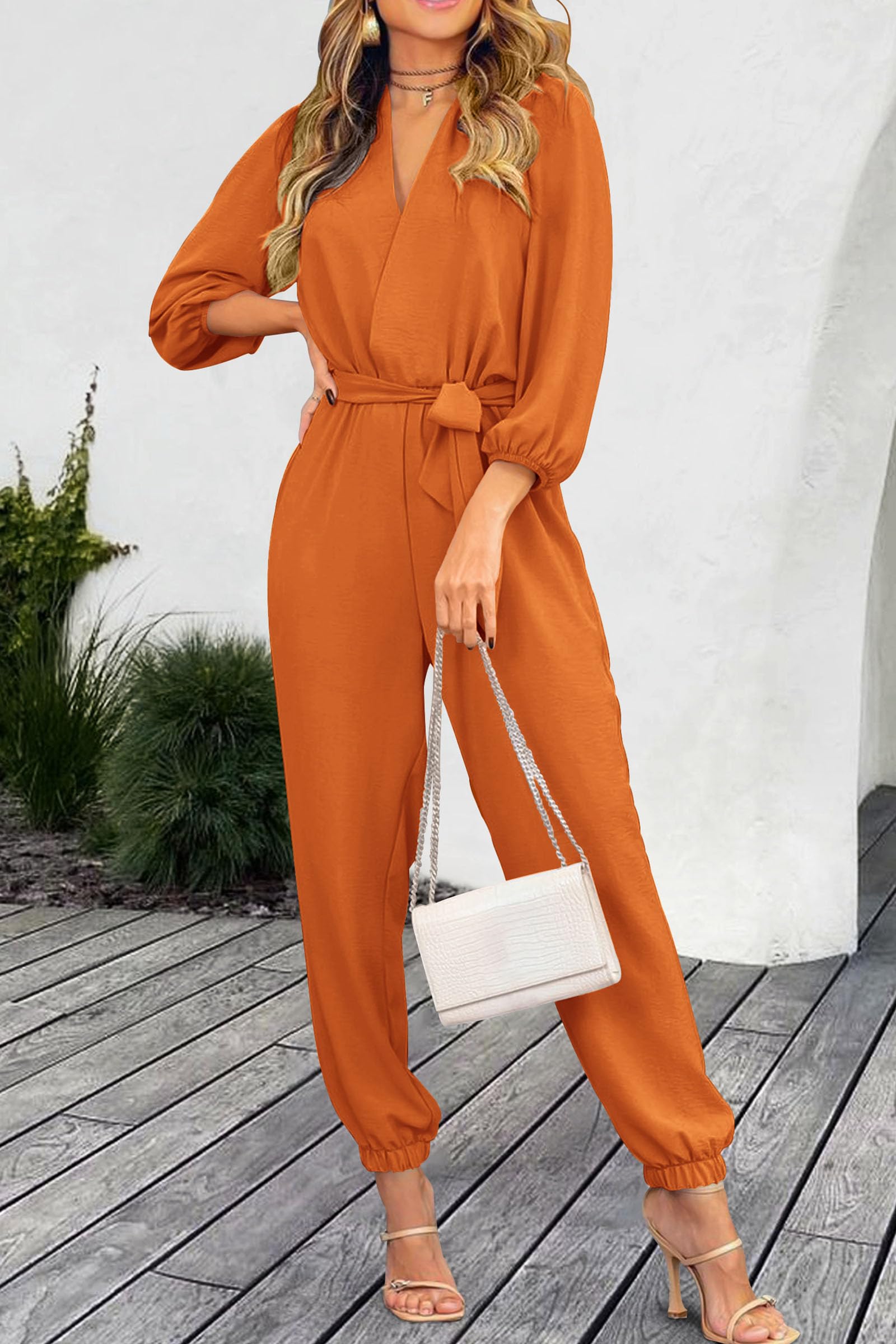 Long Sleeve Jumpsuits for Women Dressy Casual, Brown Yellow,S