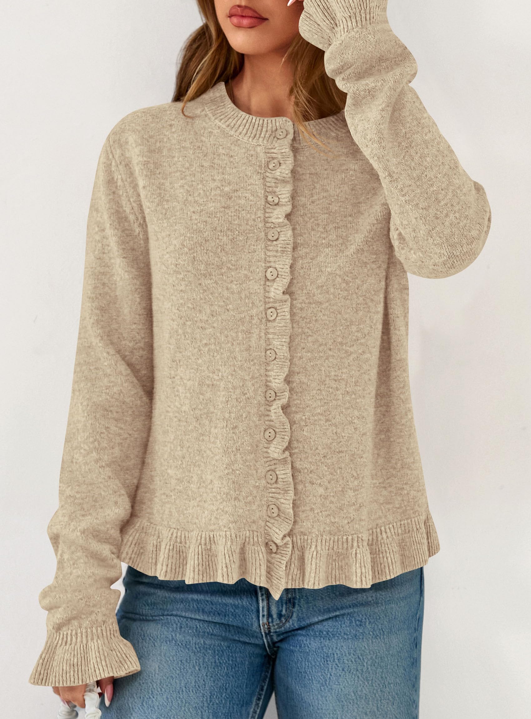 Womens Ruffle Button Down Cardigan Sweaters,Khaki,L