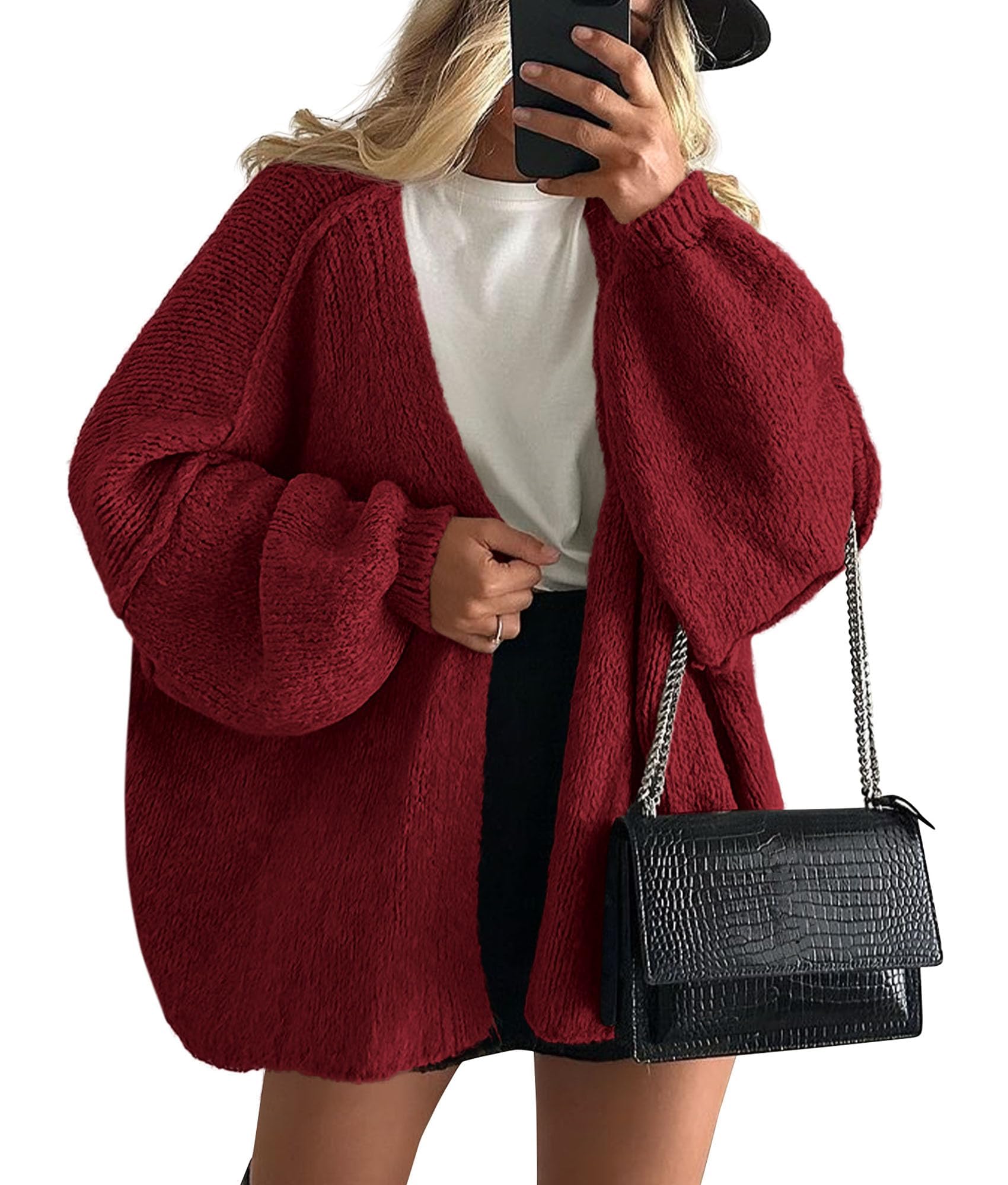 Womens Open Front Oversized Cardigan Sweaters,Wine Red,XS