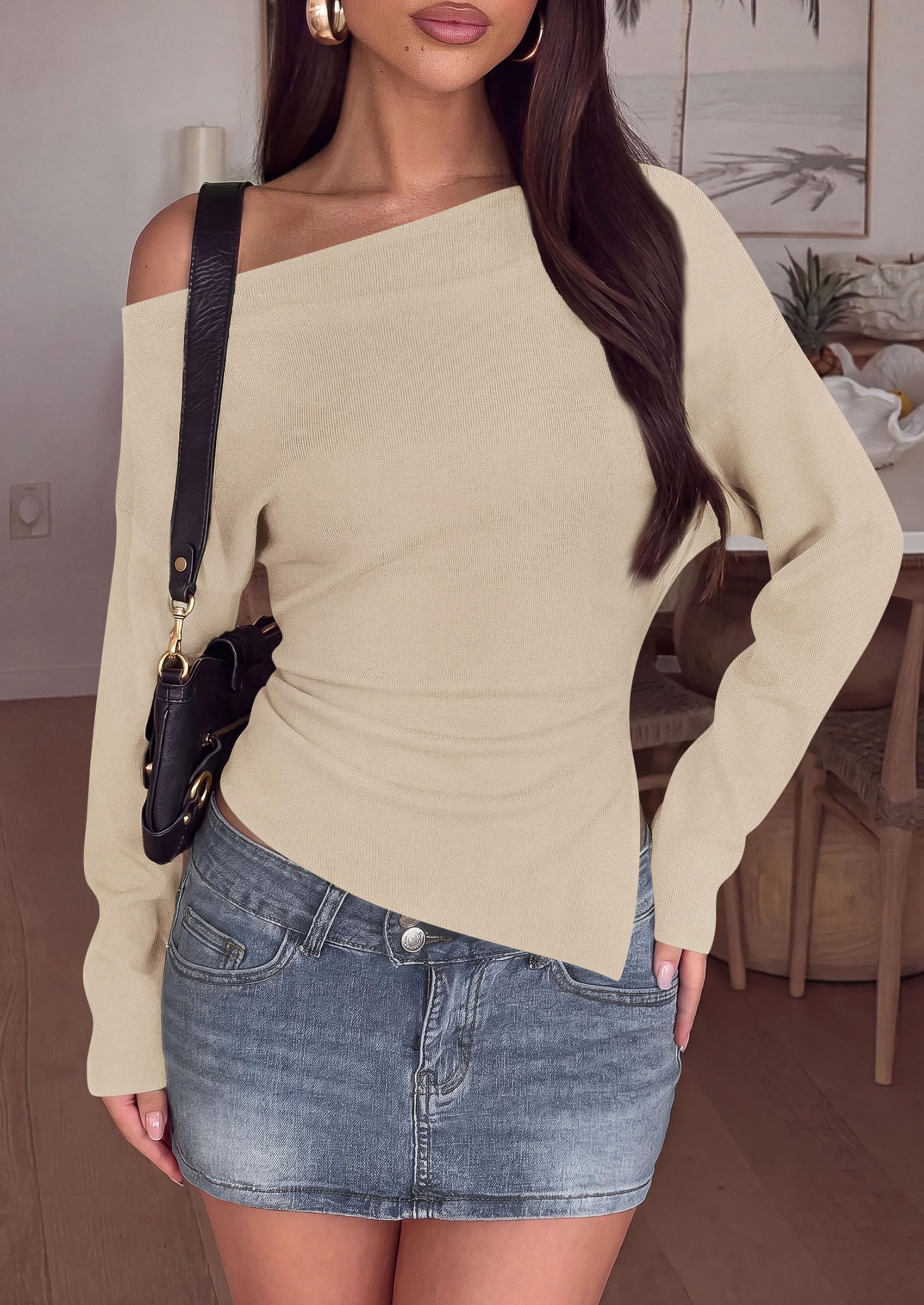 Womens Fall Long Sleeve Off Shoulder Sweater,Beige,S