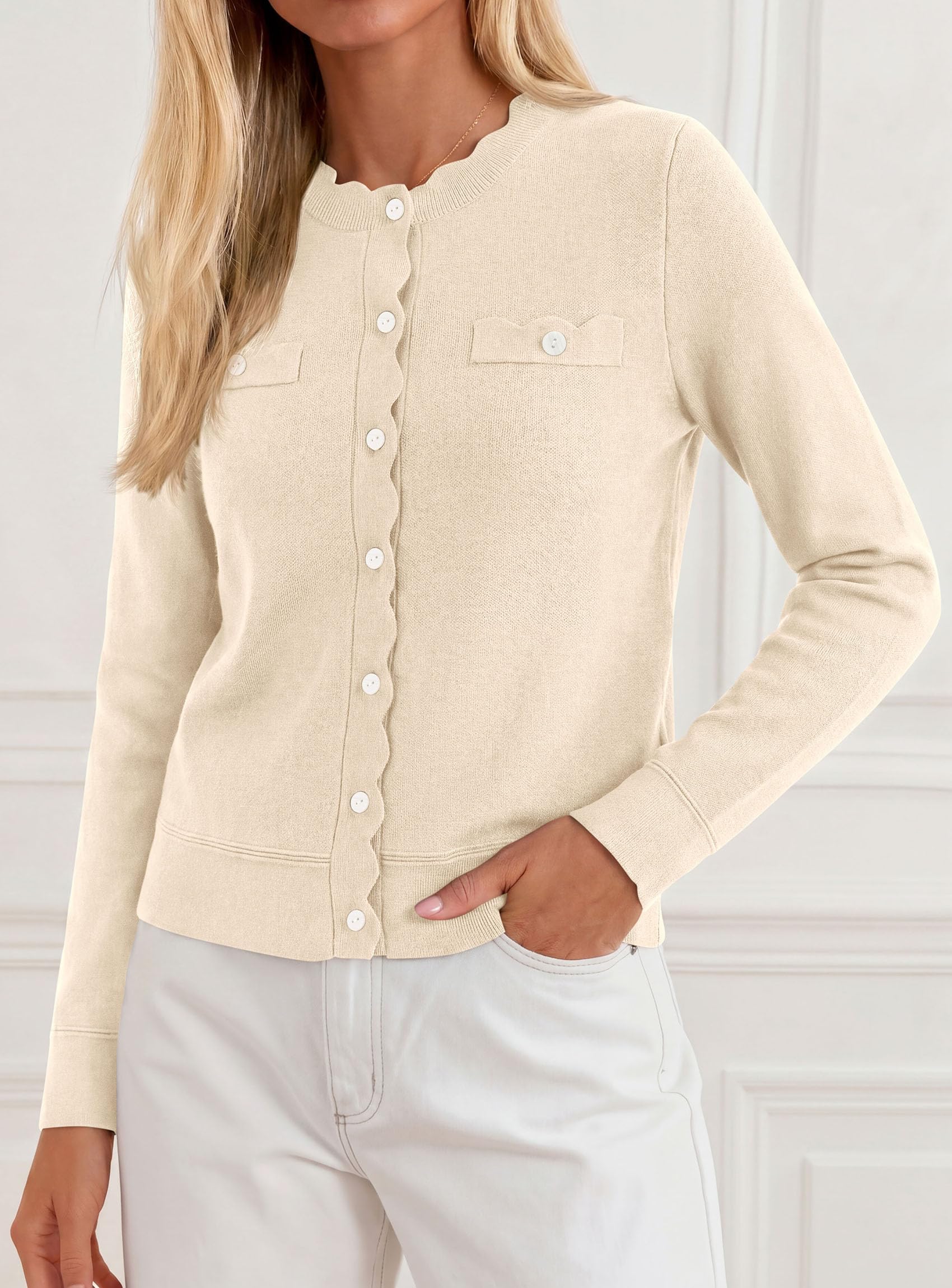 Womens Lightweight Cardigan Sweaters Scalloped Trim Fall Tops