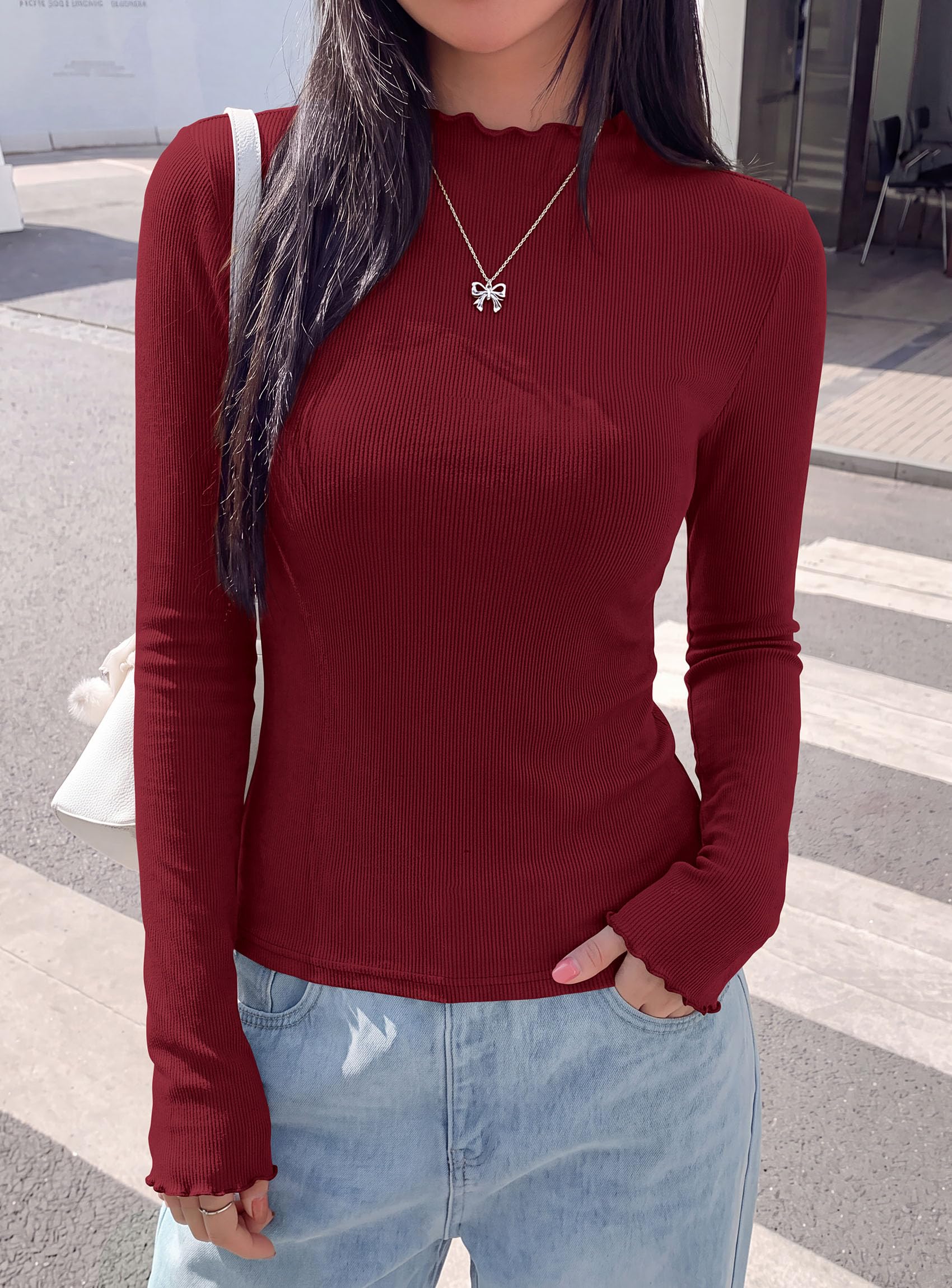 Women's Long Sleeve T Shirts Lettuce Trim Mock Neck Tops