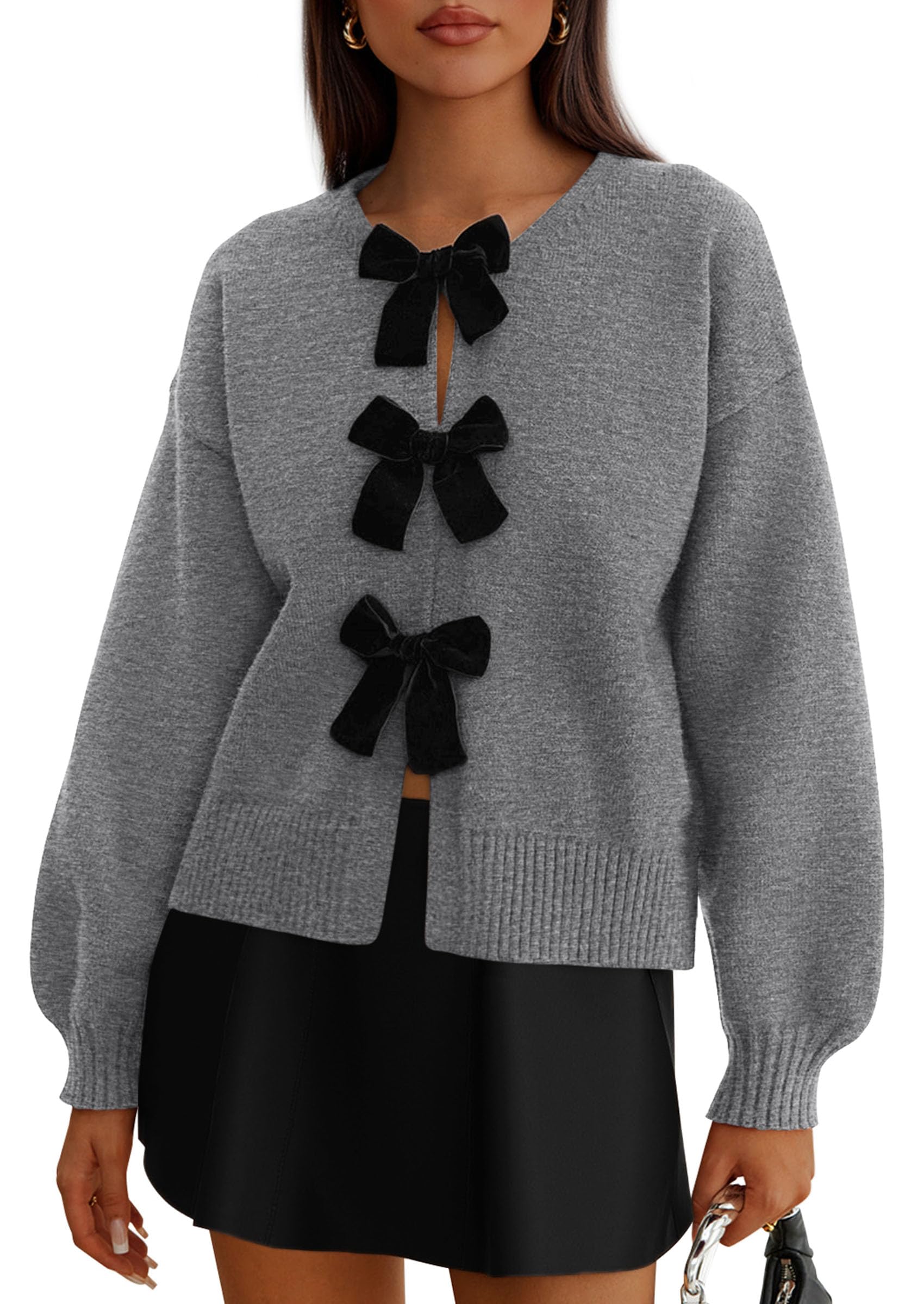 Women's Fall Bow Tie Front Cardigan Sweaters,Grey,S