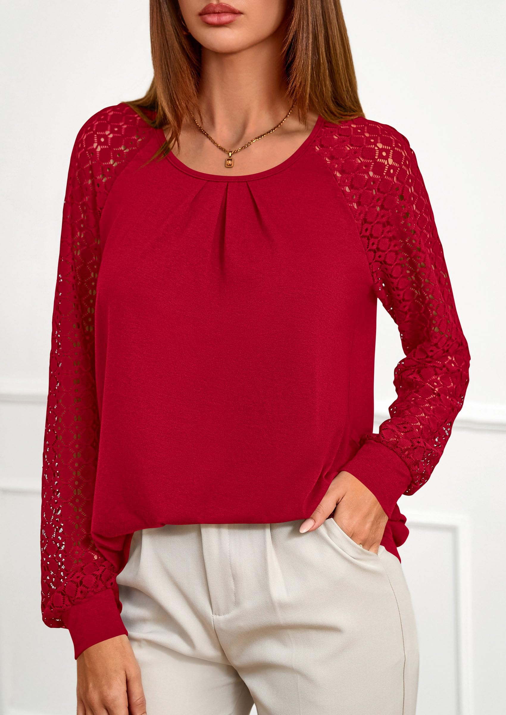 Women's Long Sleeve Shirts Fall Lace Tops,Red,S