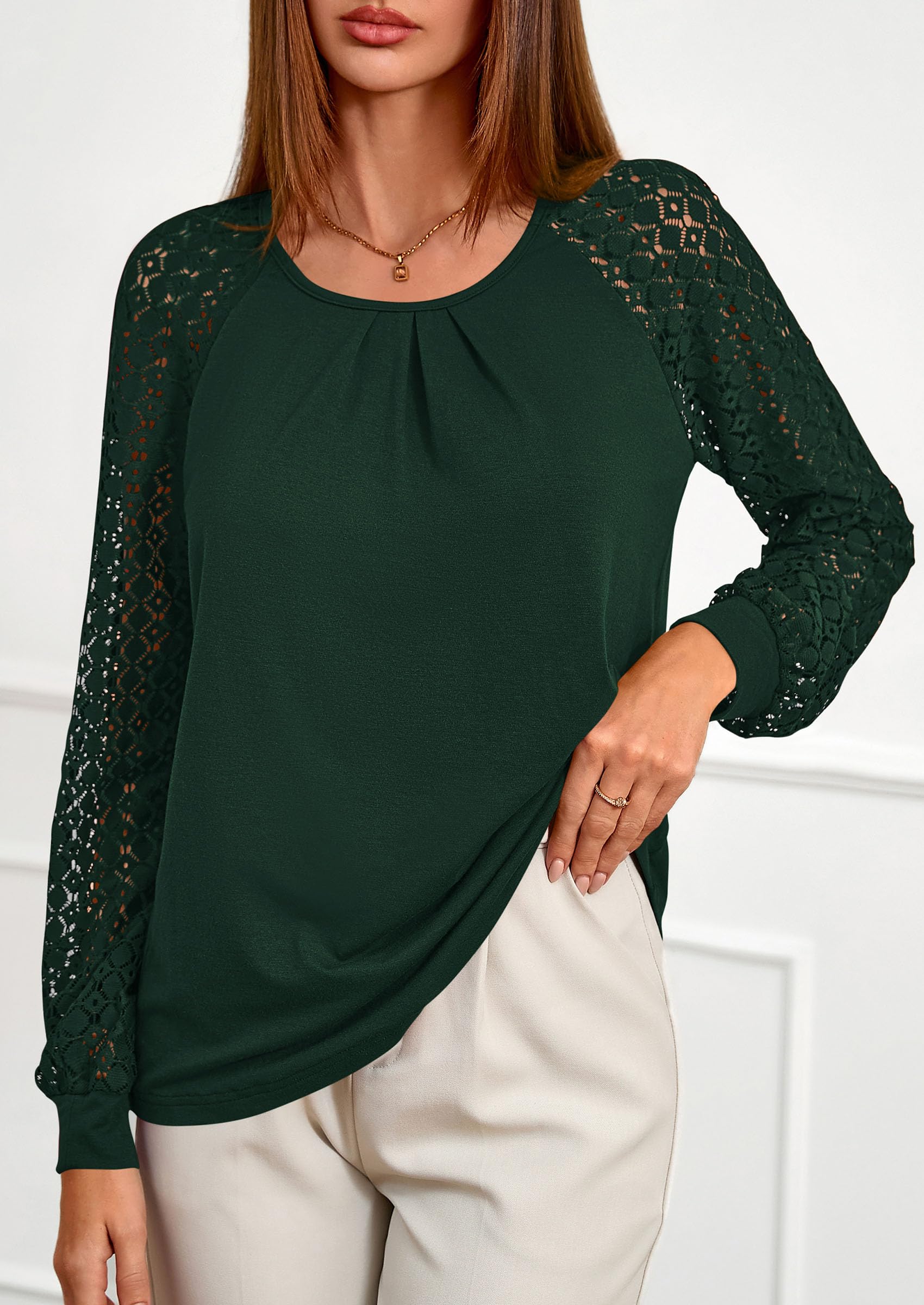 Women's Long Sleeve Shirts Fall Lace Tops,Dark Green,S