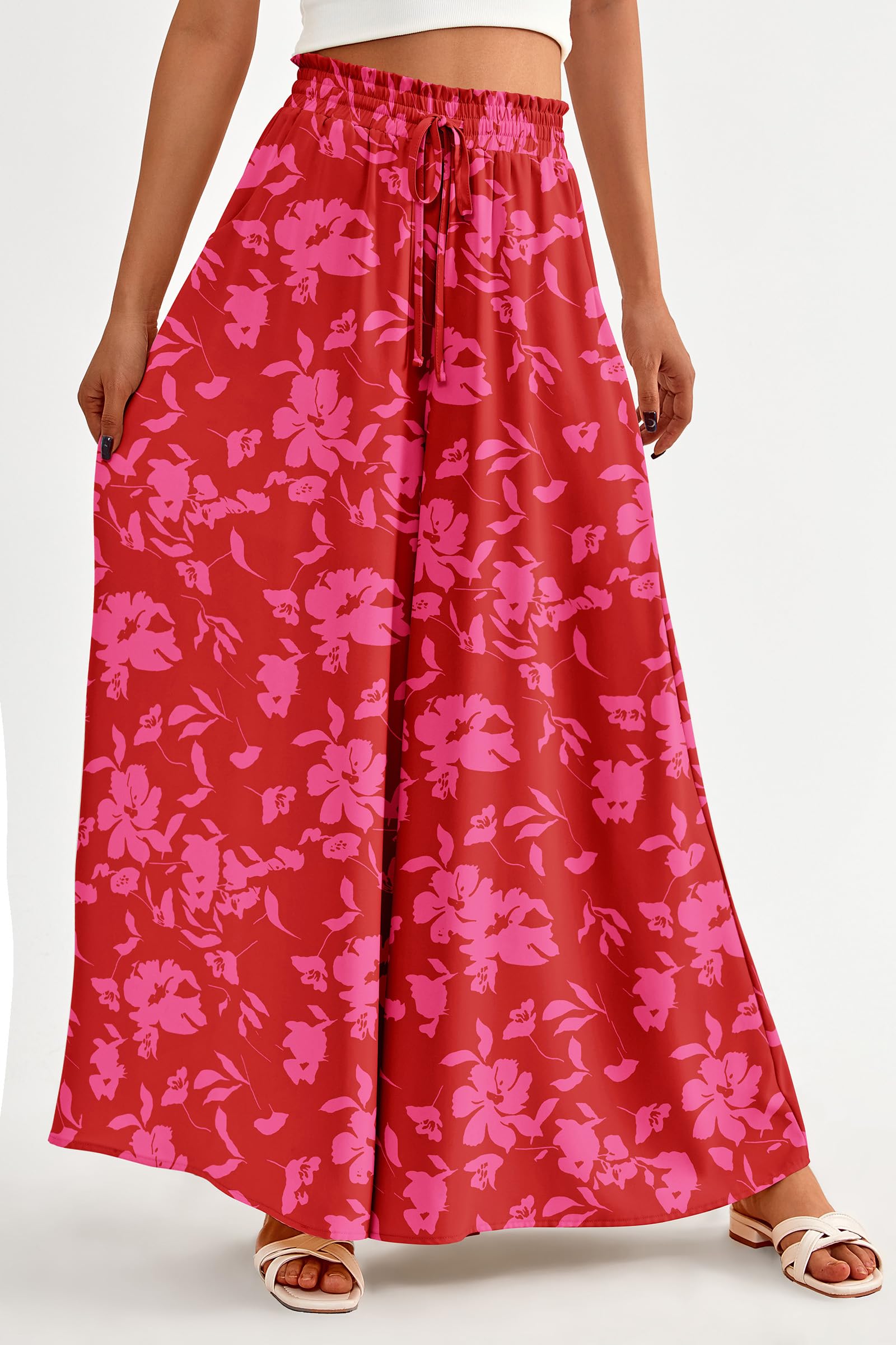 Summer Wide Leg Palazzo Pants for Women Casual,Print Red,S