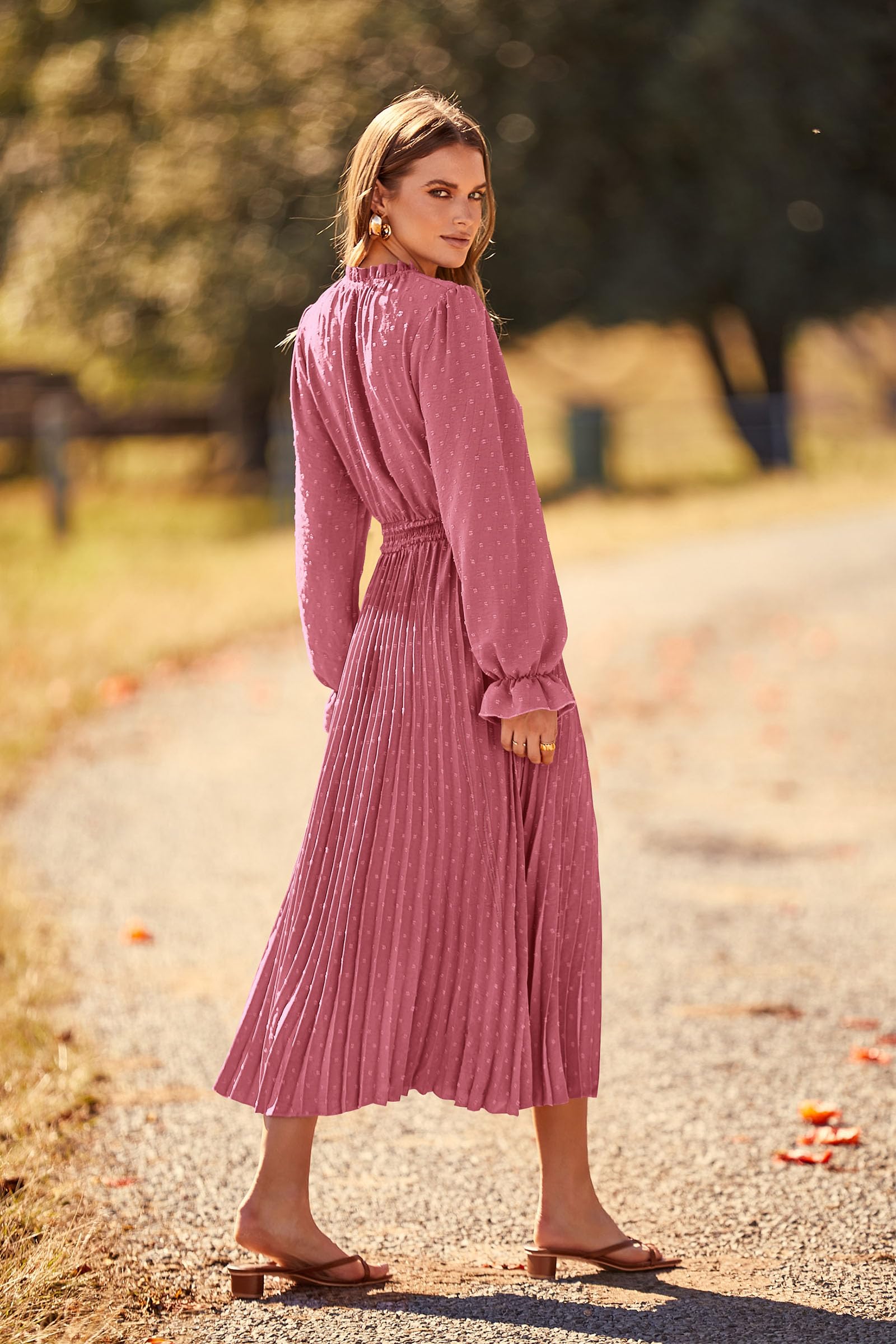 Midi Dress for Women Spring Fall 2025 Long Sleeve V Neck Pom Pom Swing A Line Long Dresses (Pink,Small)