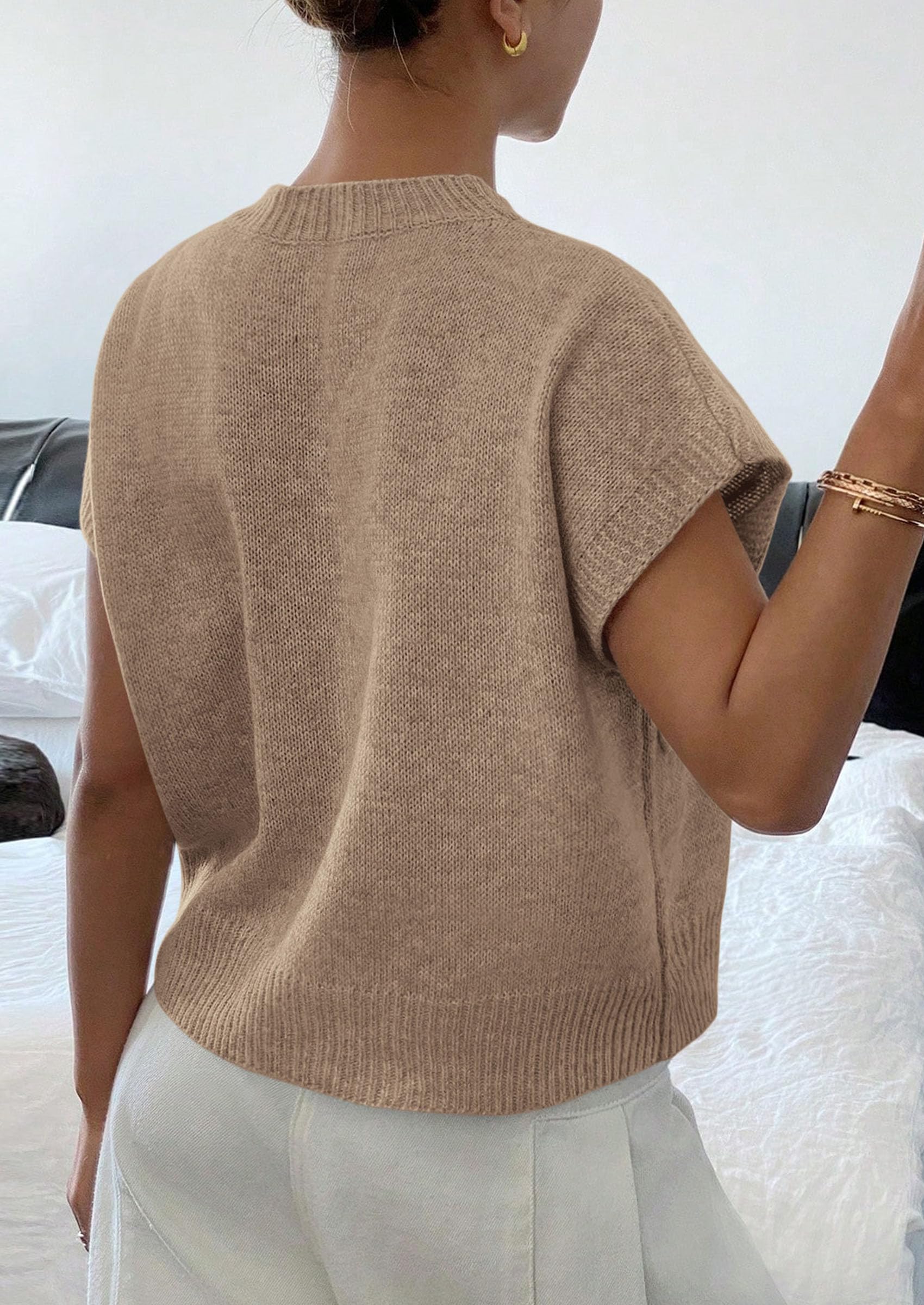 Women's Summer Short Cap Sleeve Sweater Vest (Grey Khaki,S)
