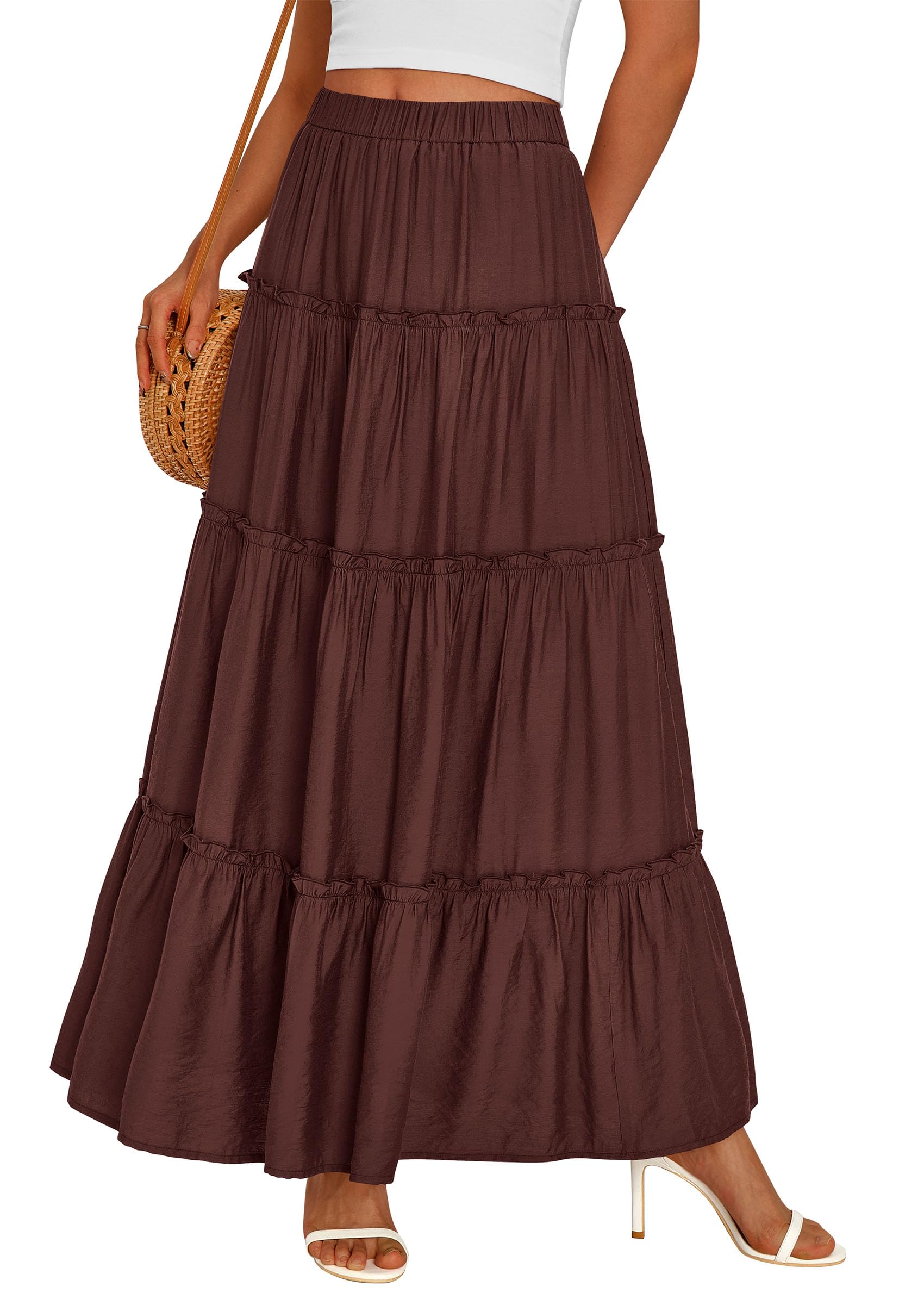 Women's Boho Tiered Ruffle Flowy Maxi Skirt, Dark Brown,S