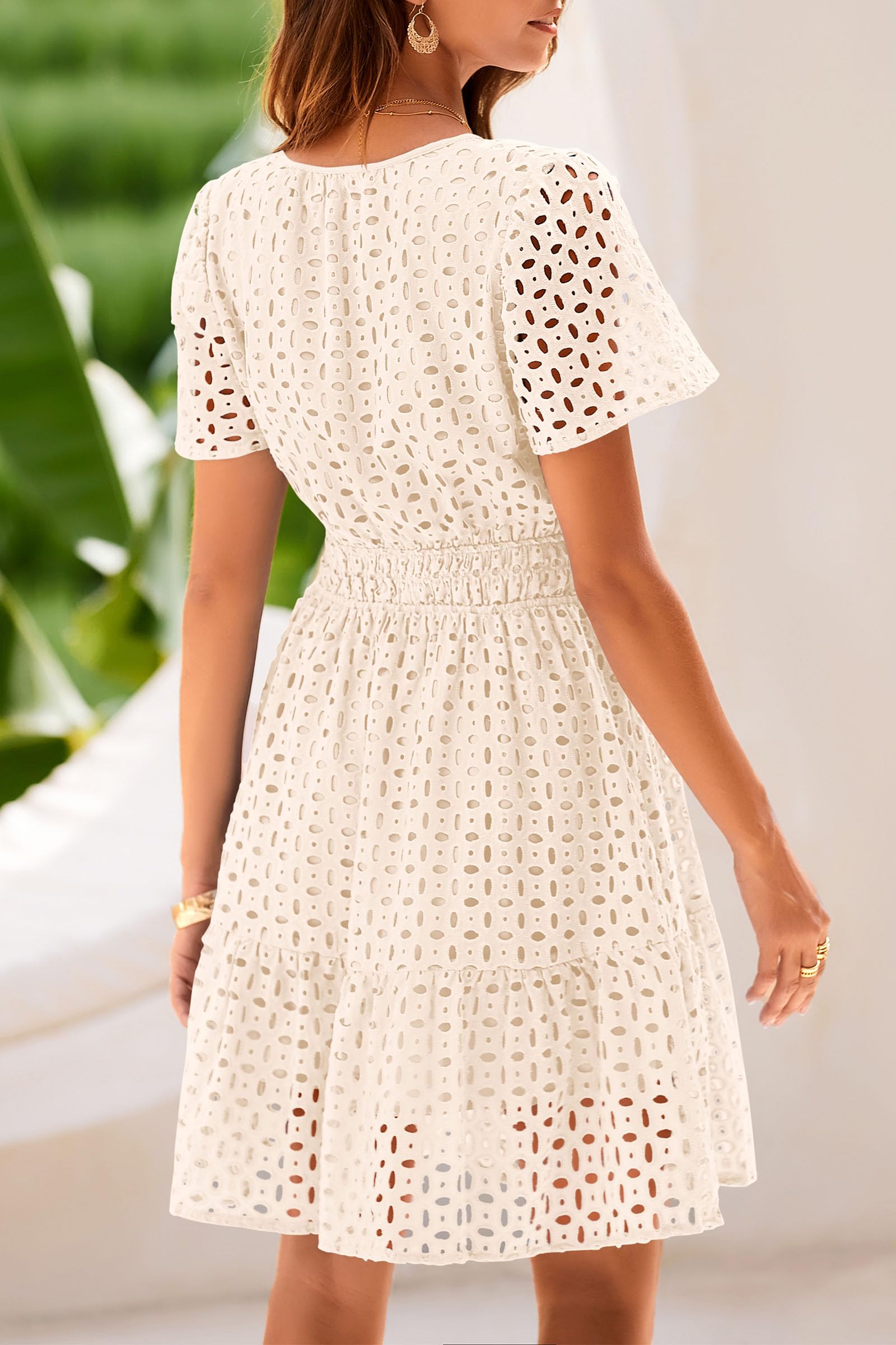 Women's Summer Eyelet Lace Short Dresses (Beige,S)