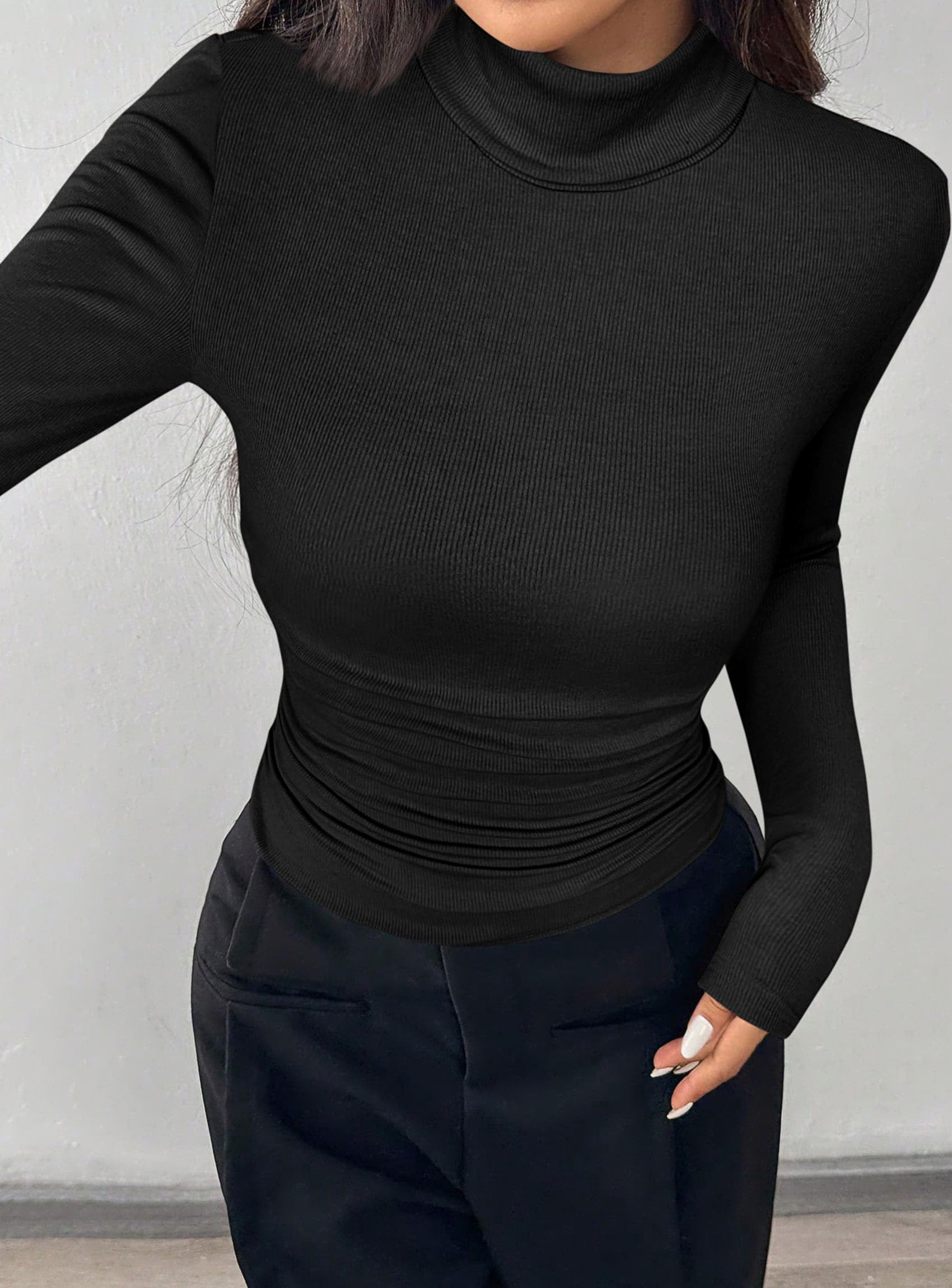 Turtleneck Tops for Women Long Sleeve Shirts, Black, XS