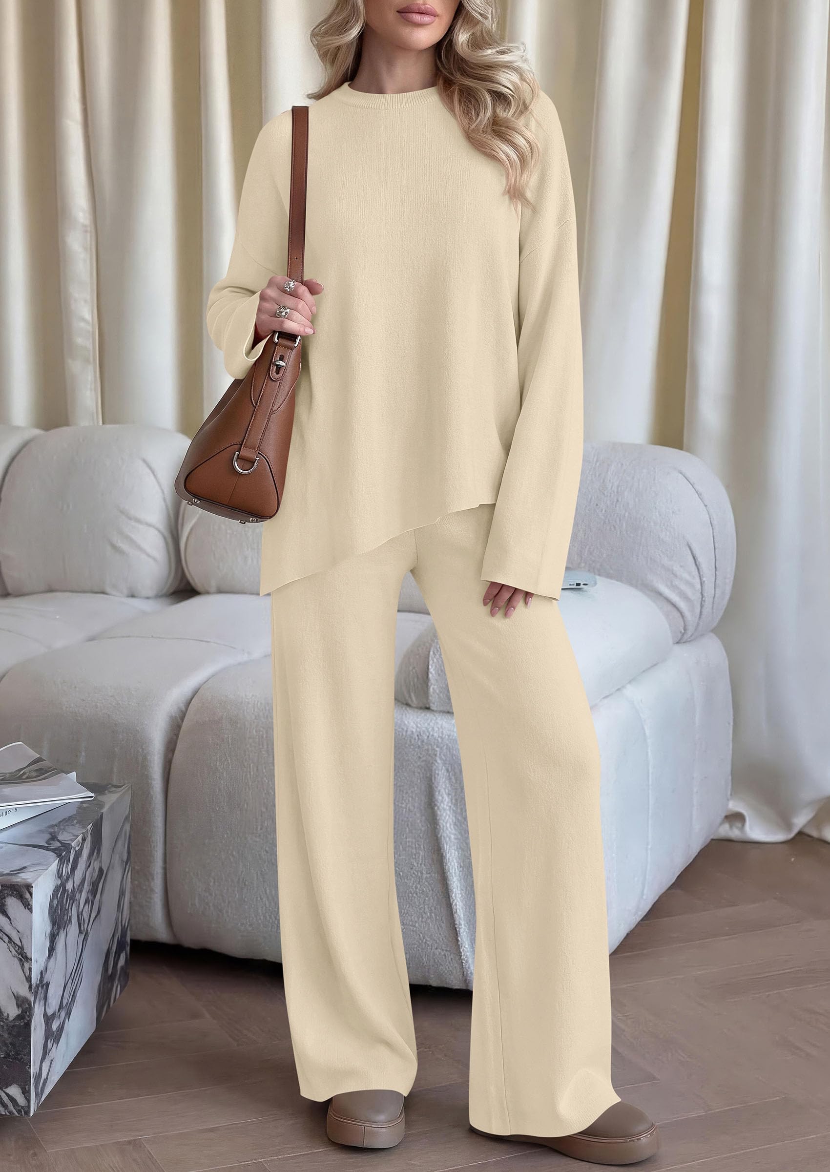 Womens Fall 2 Piece Asymmetric Cozy Sweater Travel Lounge Sets