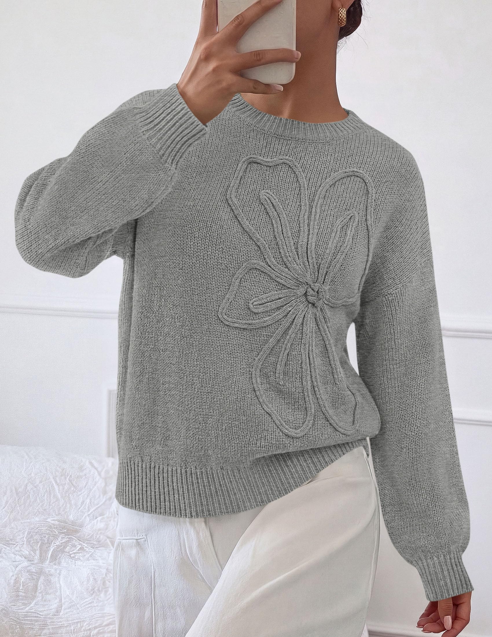 Women's Oversized 3D Floral Knit Sweater,Grey,S