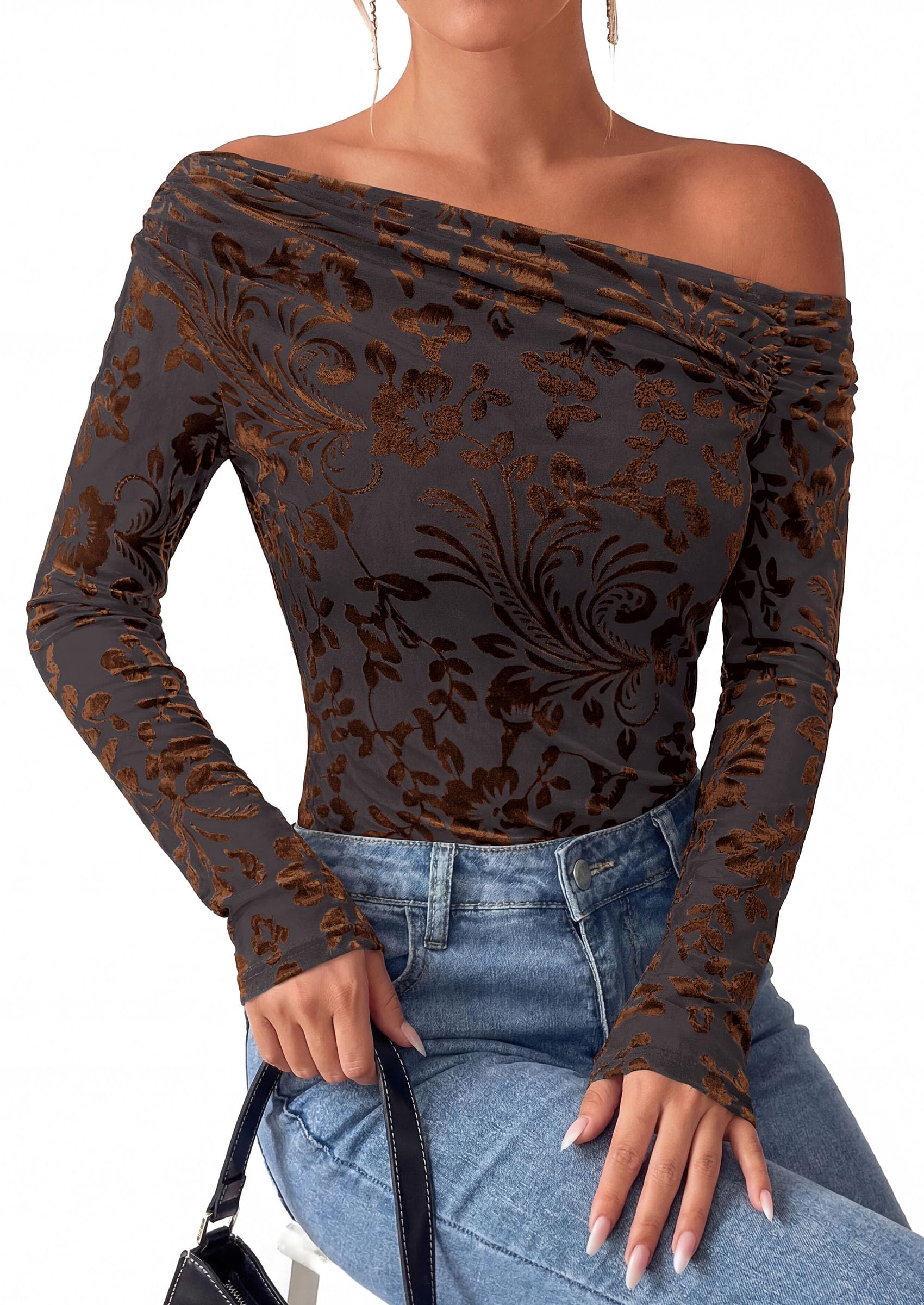 Off the Shoulder Tops for Women Fall Mesh Floral Blouses Brown