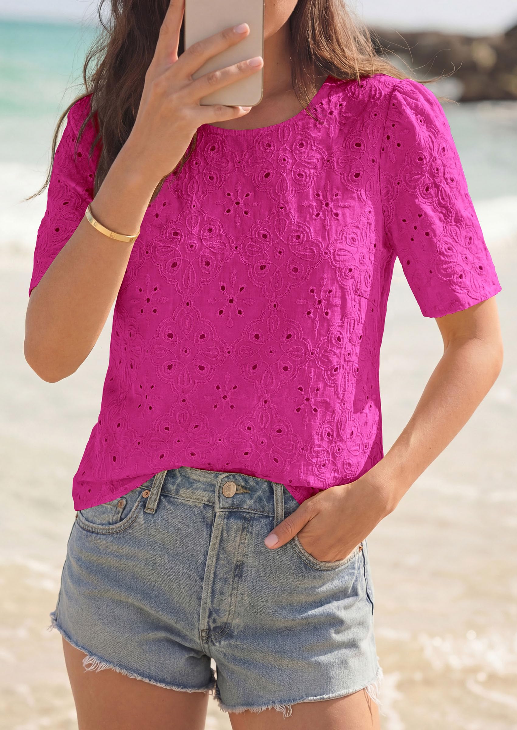 Women's Embroidered Eyelet Short Sleeve Blouse, Hot Pink,XS