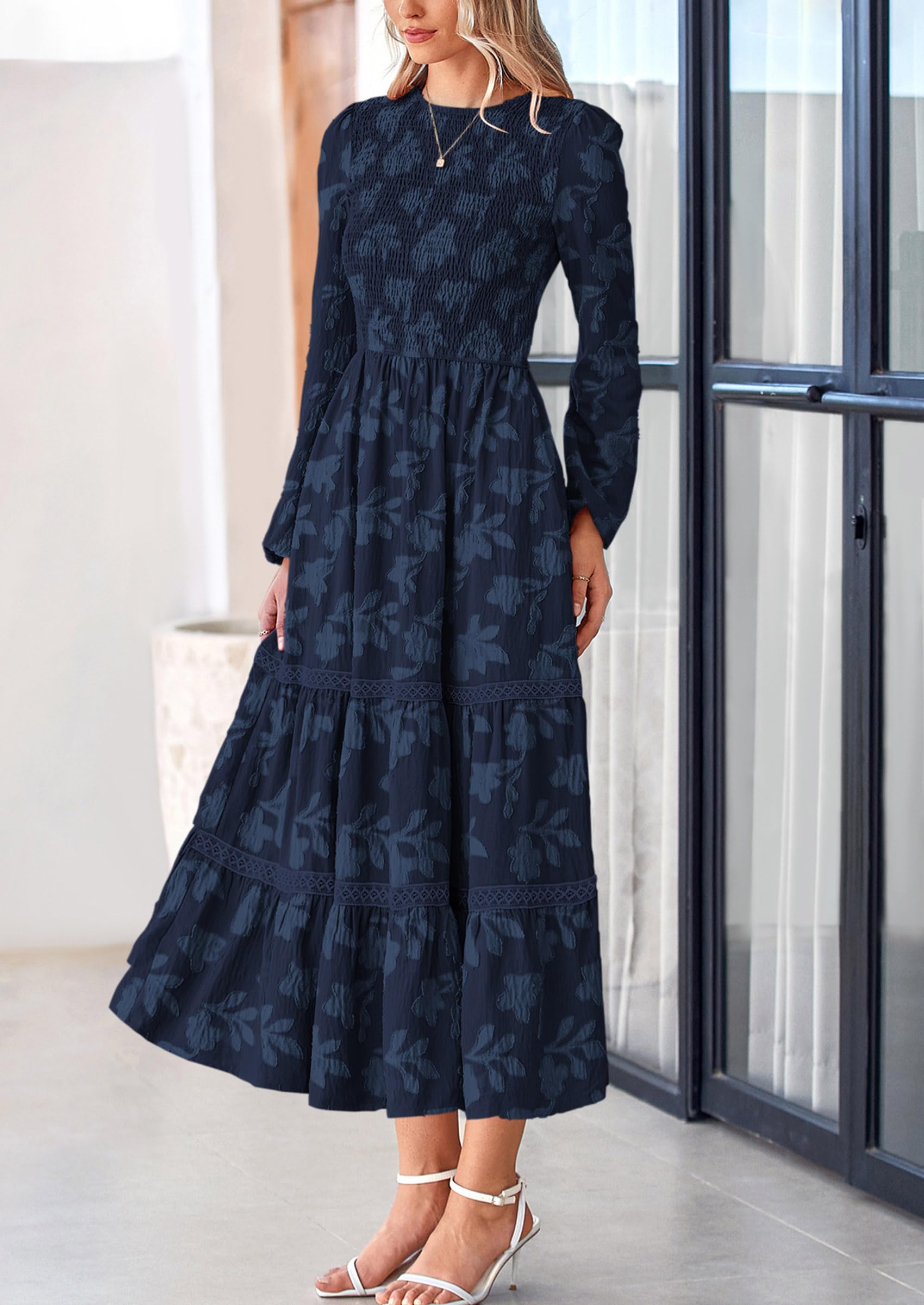 Women's Long Sleeve Boho Floral Midi Dress, Navy,S