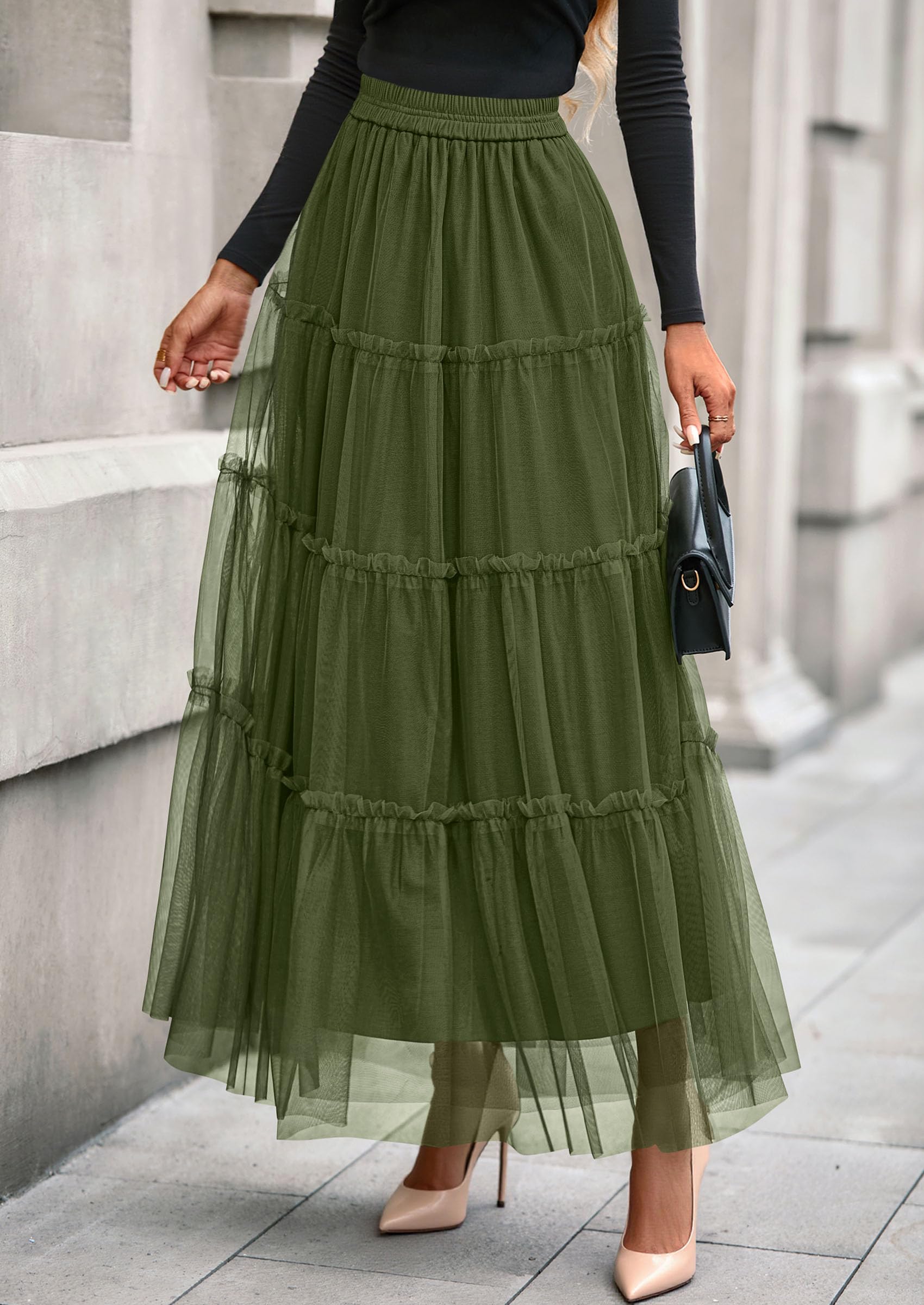 Women's Fall Soft Tulle Tiered Long Skirt,Army Green,S