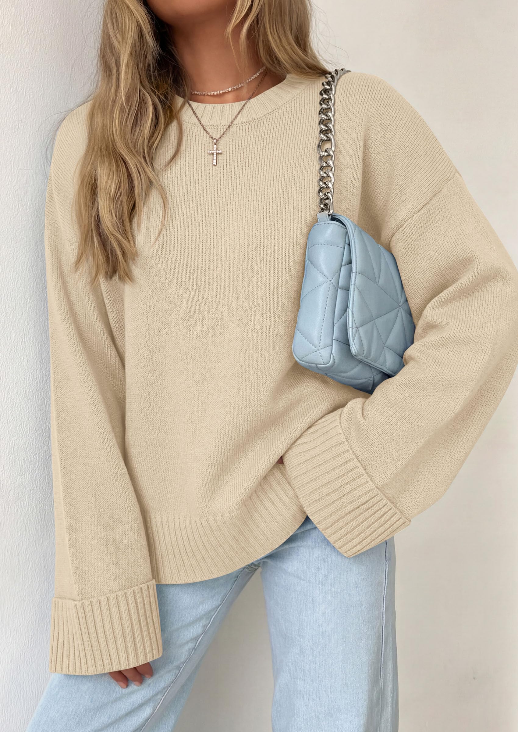 Oversized Sweater Women's Crewneck Long Sleeve Tops Beige